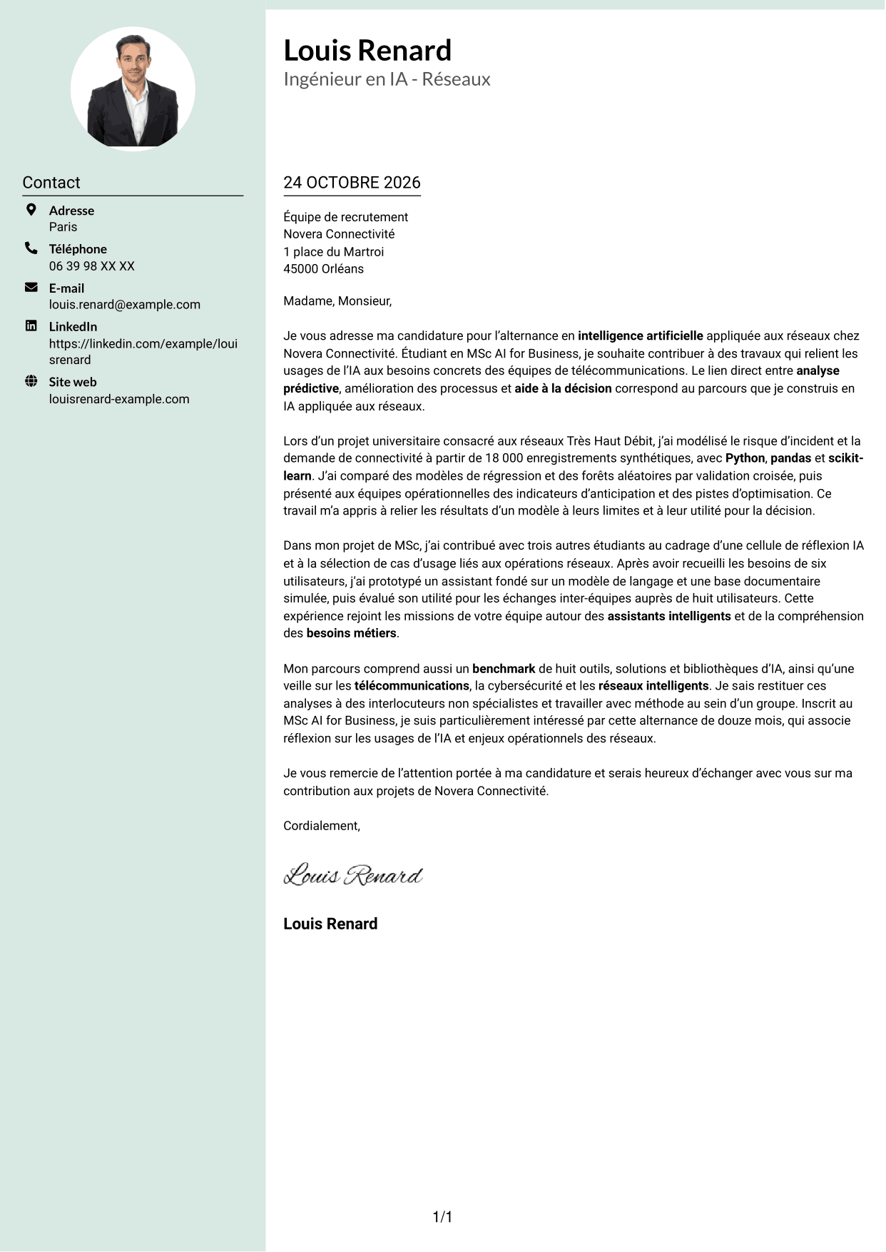 Lettre de motivation Cadre (format à colonne latérale douce avec photo arrondie) : Ingénieur en IA - Réseaux, page 1
