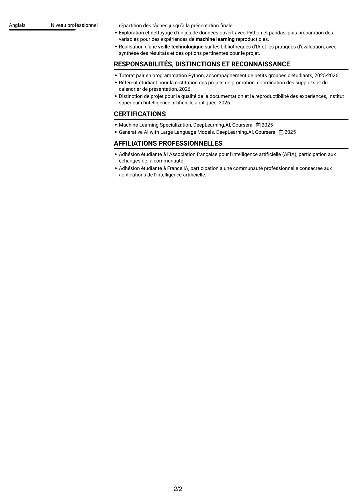 CV Compact (format sobre à deux colonnes avec photo) : Ingénieur en intelligence artificielle - RAG et LLM, page 2