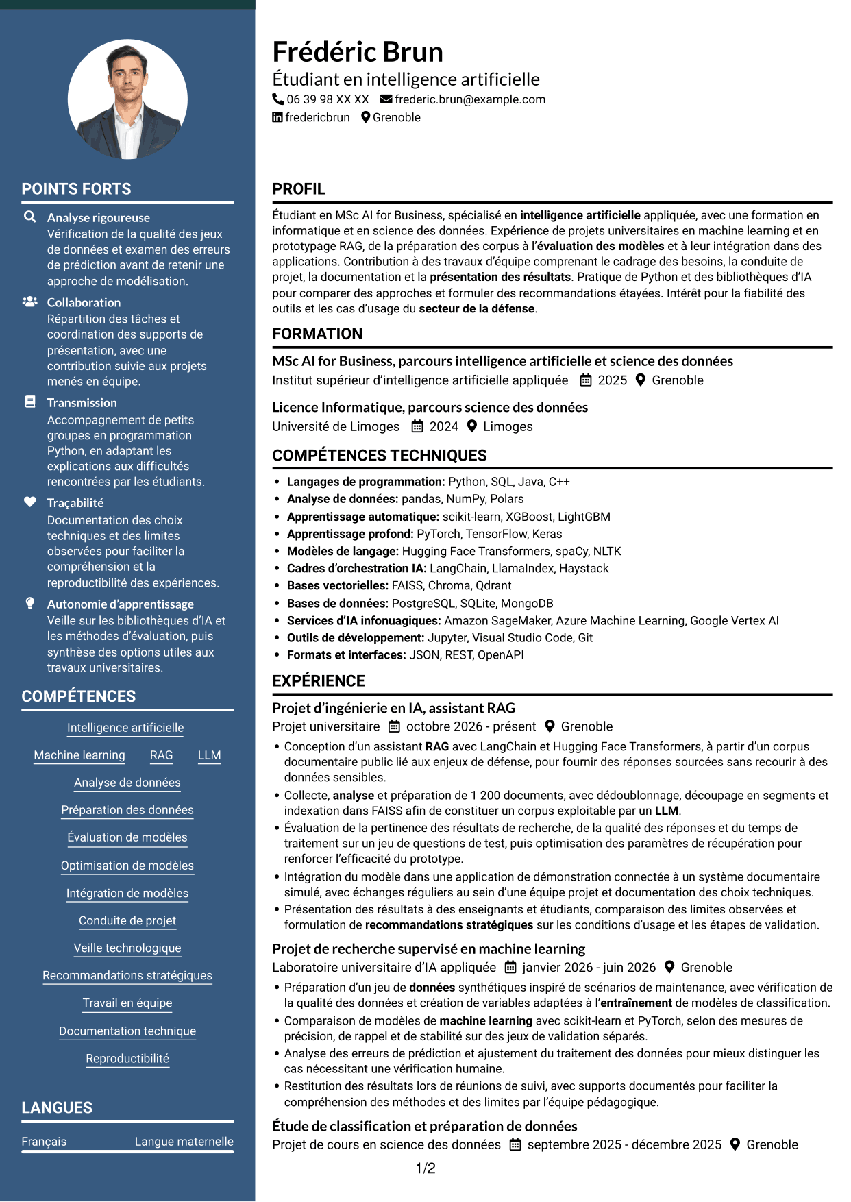 CV Élégant (format à colonne latérale colorée avec photo) : Ingénieur en intelligence artificielle - RAG et LLM, page 1