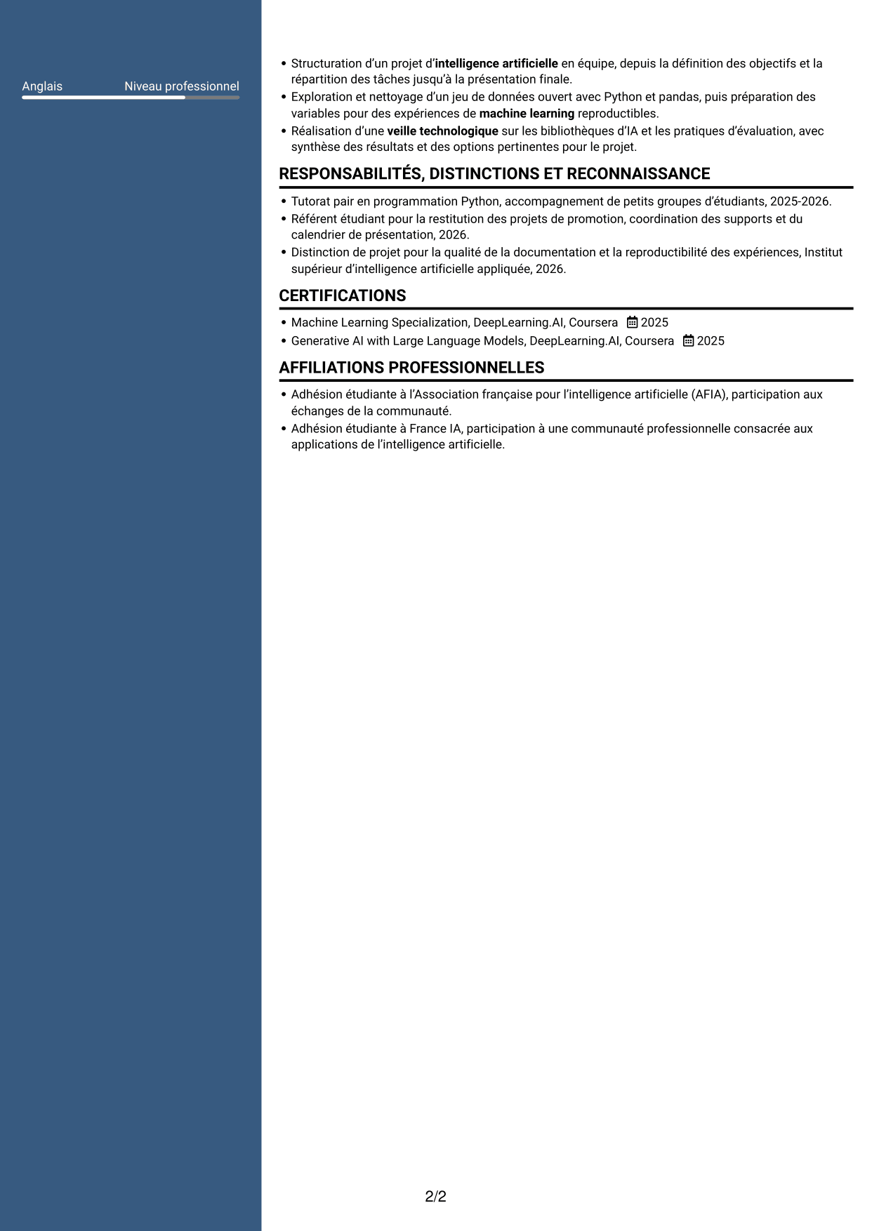 CV Élégant (format à colonne latérale colorée avec photo) : Ingénieur en intelligence artificielle - RAG et LLM, page 2