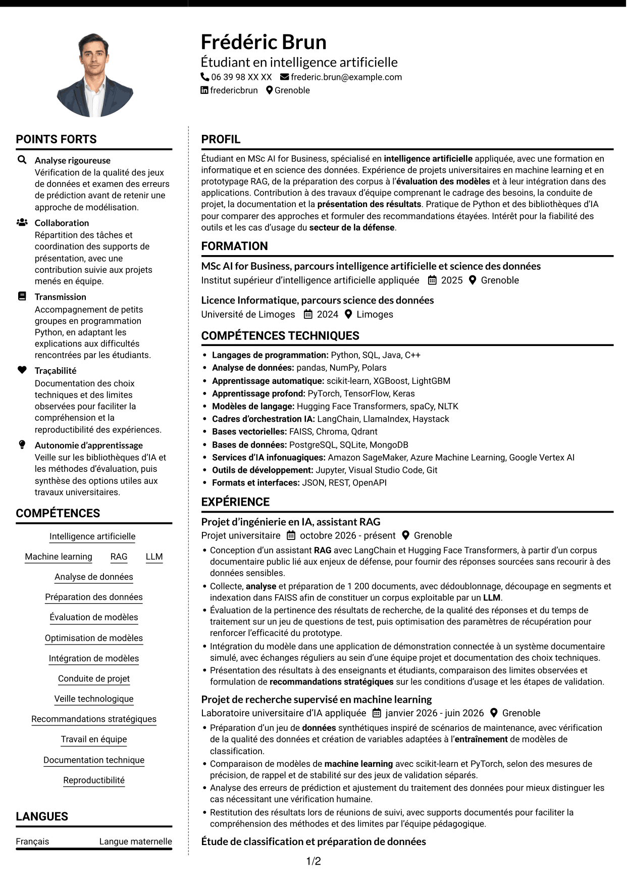 CV Moderne (format à deux colonnes avec photo à gauche et séparateur) : Ingénieur en intelligence artificielle - RAG et LLM, page 1