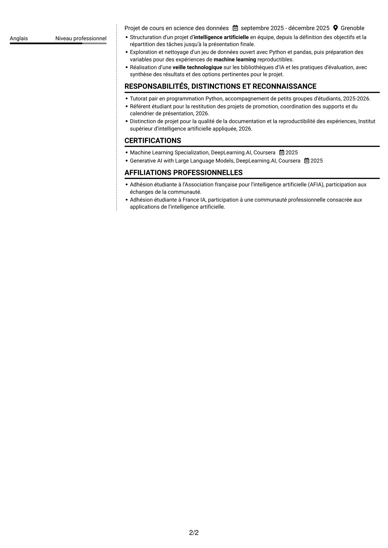 CV Moderne (format à deux colonnes avec photo à gauche et séparateur) : Ingénieur en intelligence artificielle - RAG et LLM, page 2