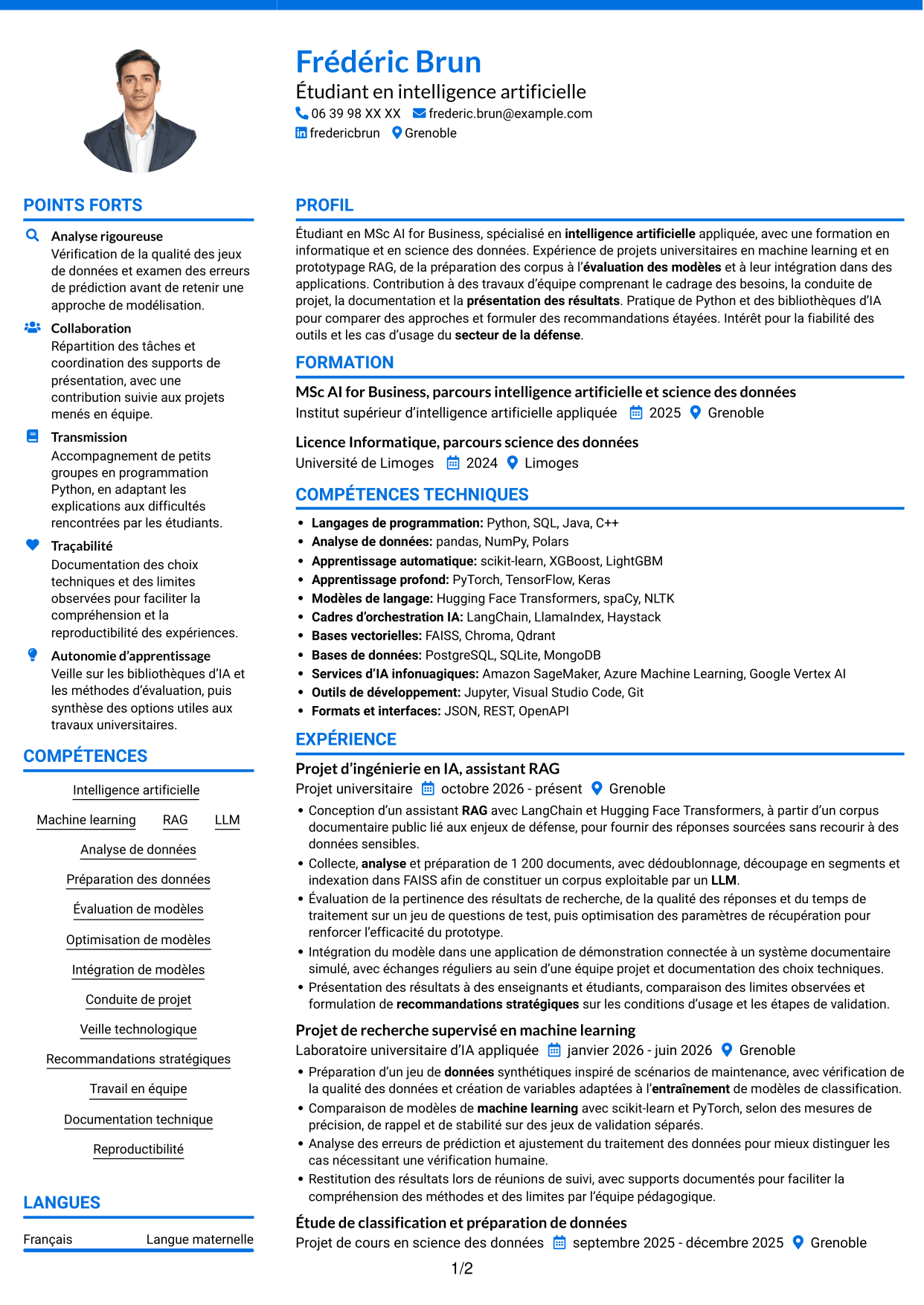 CV Audacieux (format à deux colonnes avec accents colorés et photo) : Ingénieur en intelligence artificielle - RAG et LLM, page 1