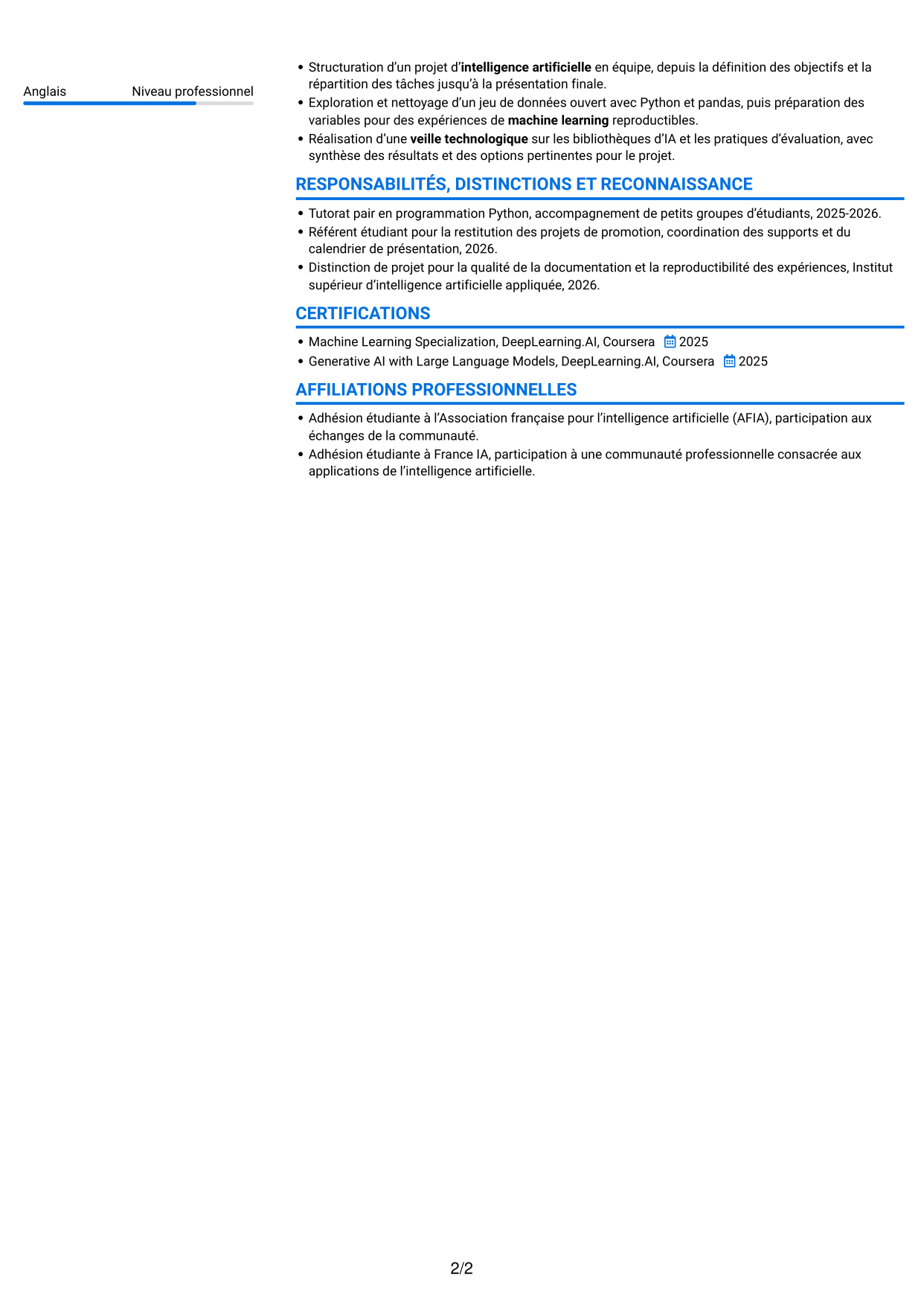 CV Audacieux (format à deux colonnes avec accents colorés et photo) : Ingénieur en intelligence artificielle - RAG et LLM, page 2