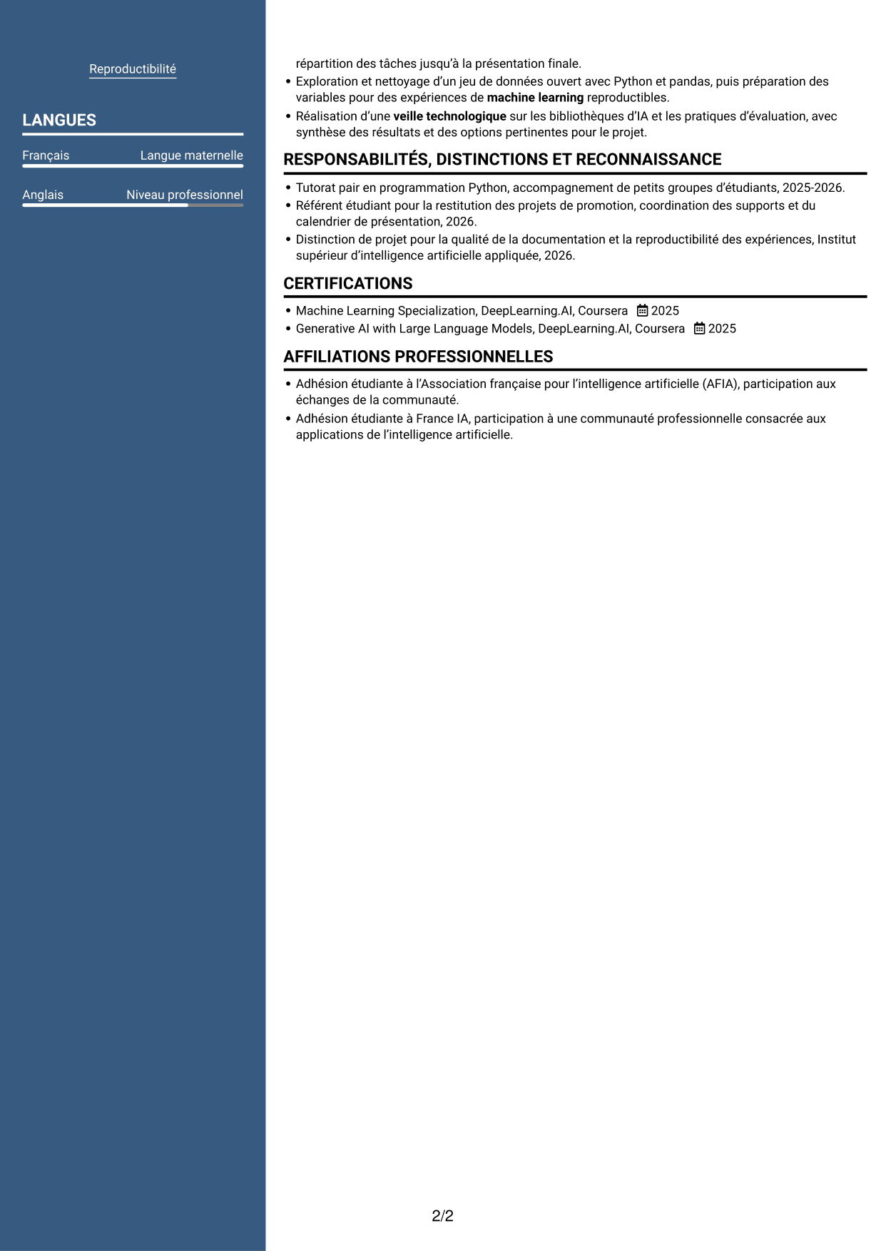CV Signature (format à colonne latérale colorée avec grande photo) : Ingénieur en intelligence artificielle - RAG et LLM, page 2