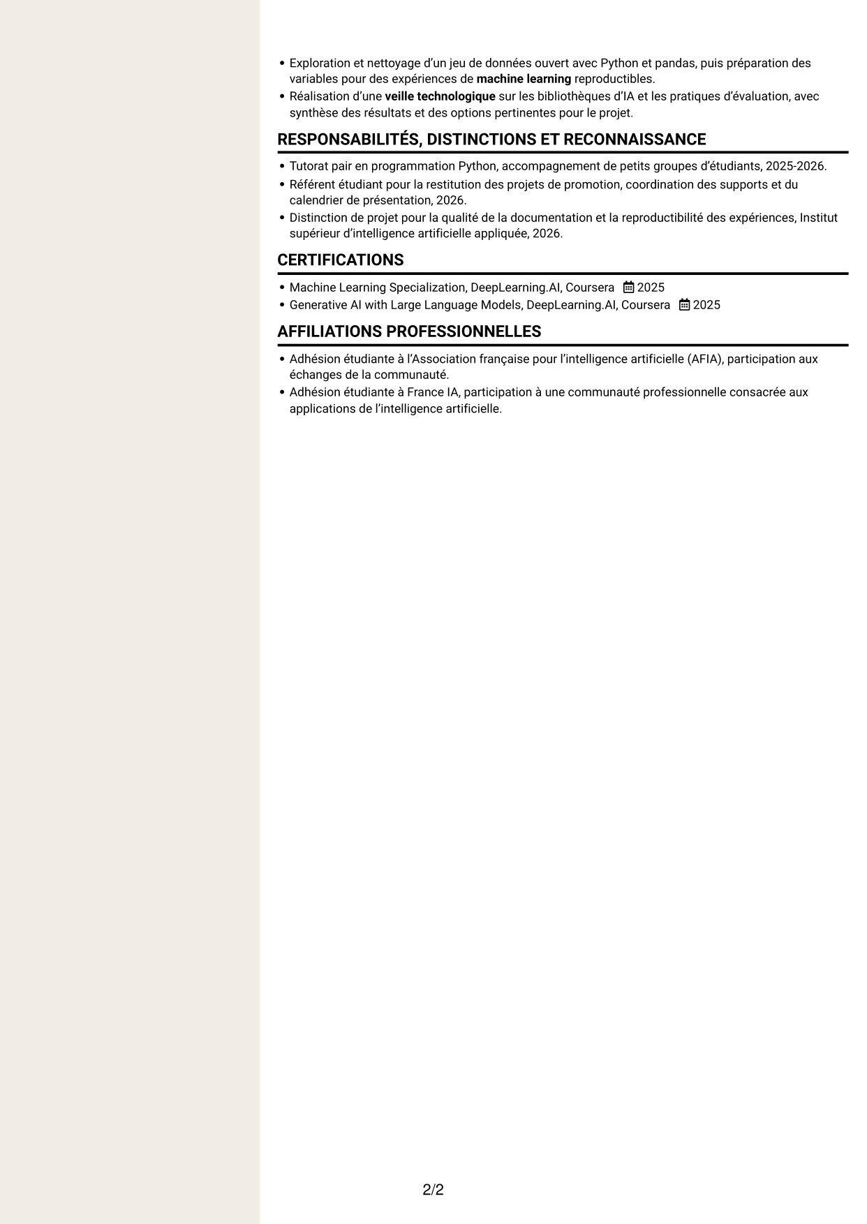 CV Fonceur (format à deux colonnes avec en-tête centré sans photo) : Ingénieur en intelligence artificielle - RAG et LLM, page 2