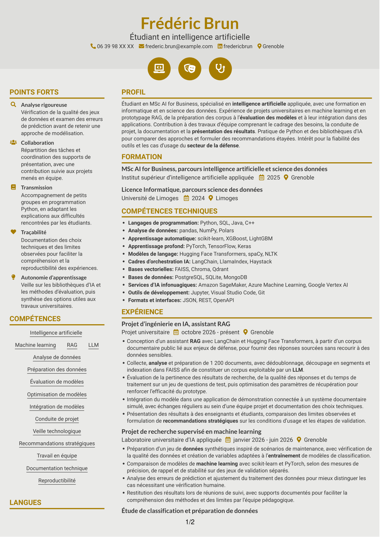 CV Dynamique (format à deux colonnes avec icônes) : Ingénieur en intelligence artificielle - RAG et LLM, page 1