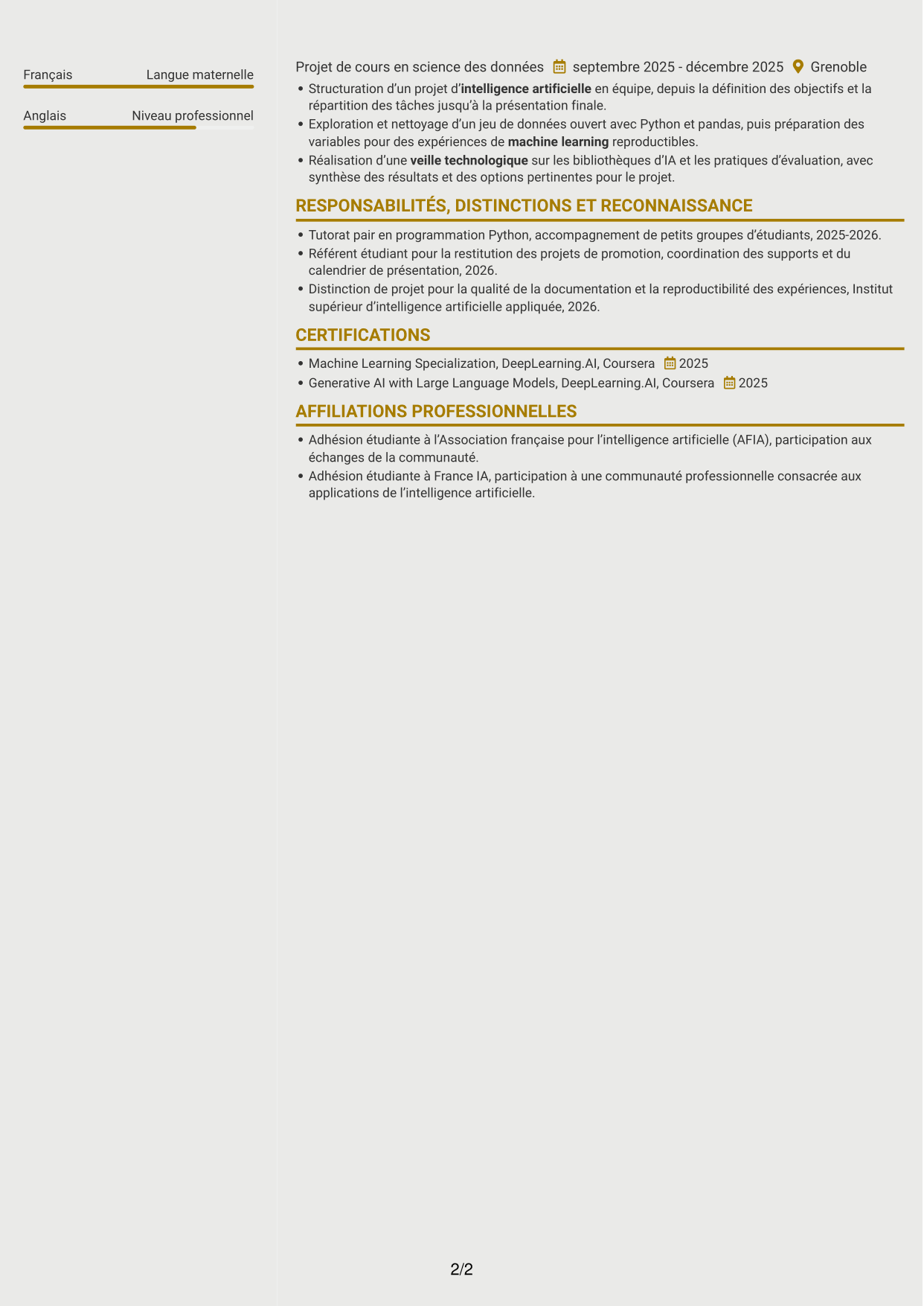 CV Dynamique (format à deux colonnes avec icônes) : Ingénieur en intelligence artificielle - RAG et LLM, page 2