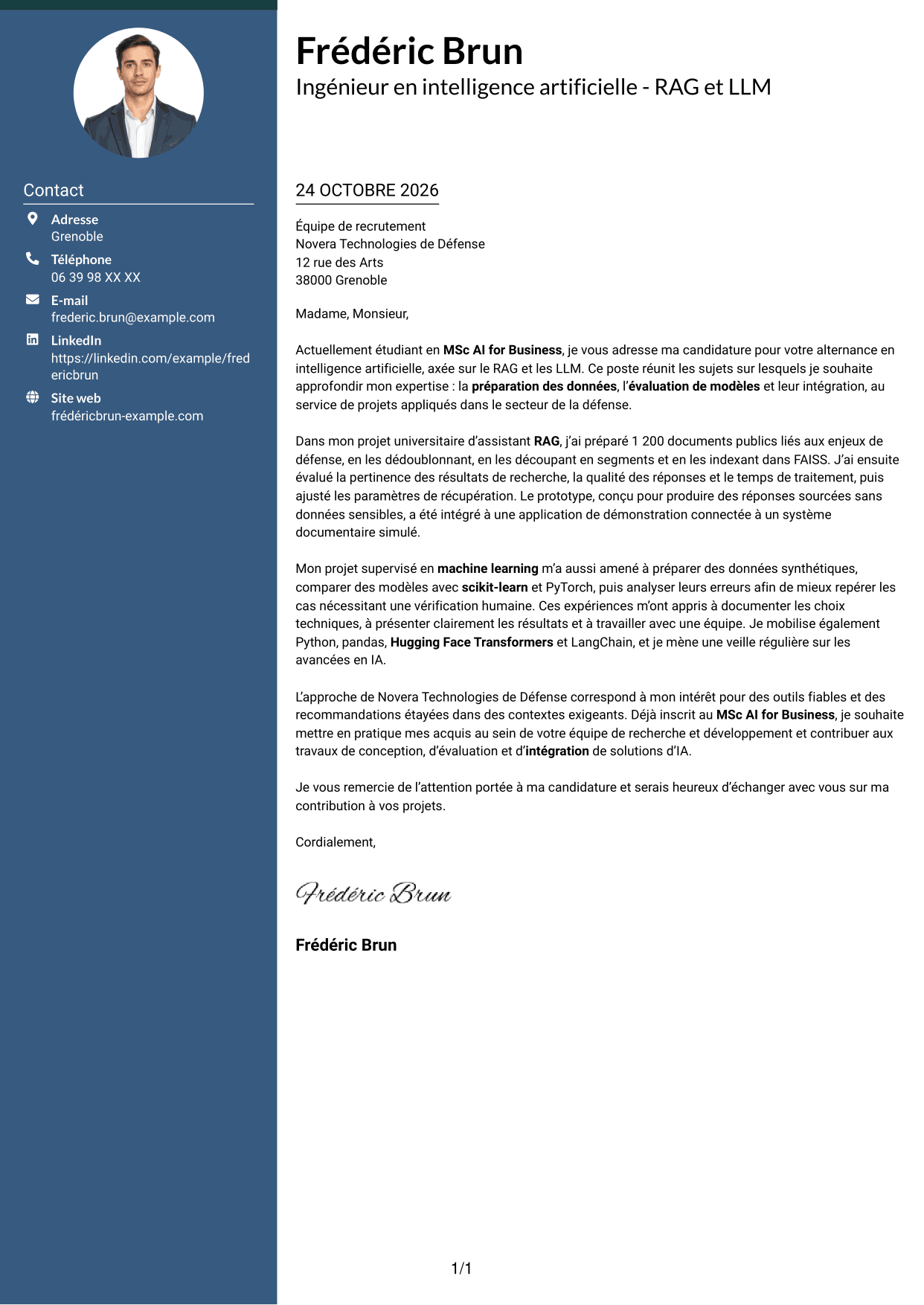 Lettre de motivation Élégant (format à colonne latérale colorée avec photo) : Ingénieur en intelligence artificielle - RAG et LLM, page 1