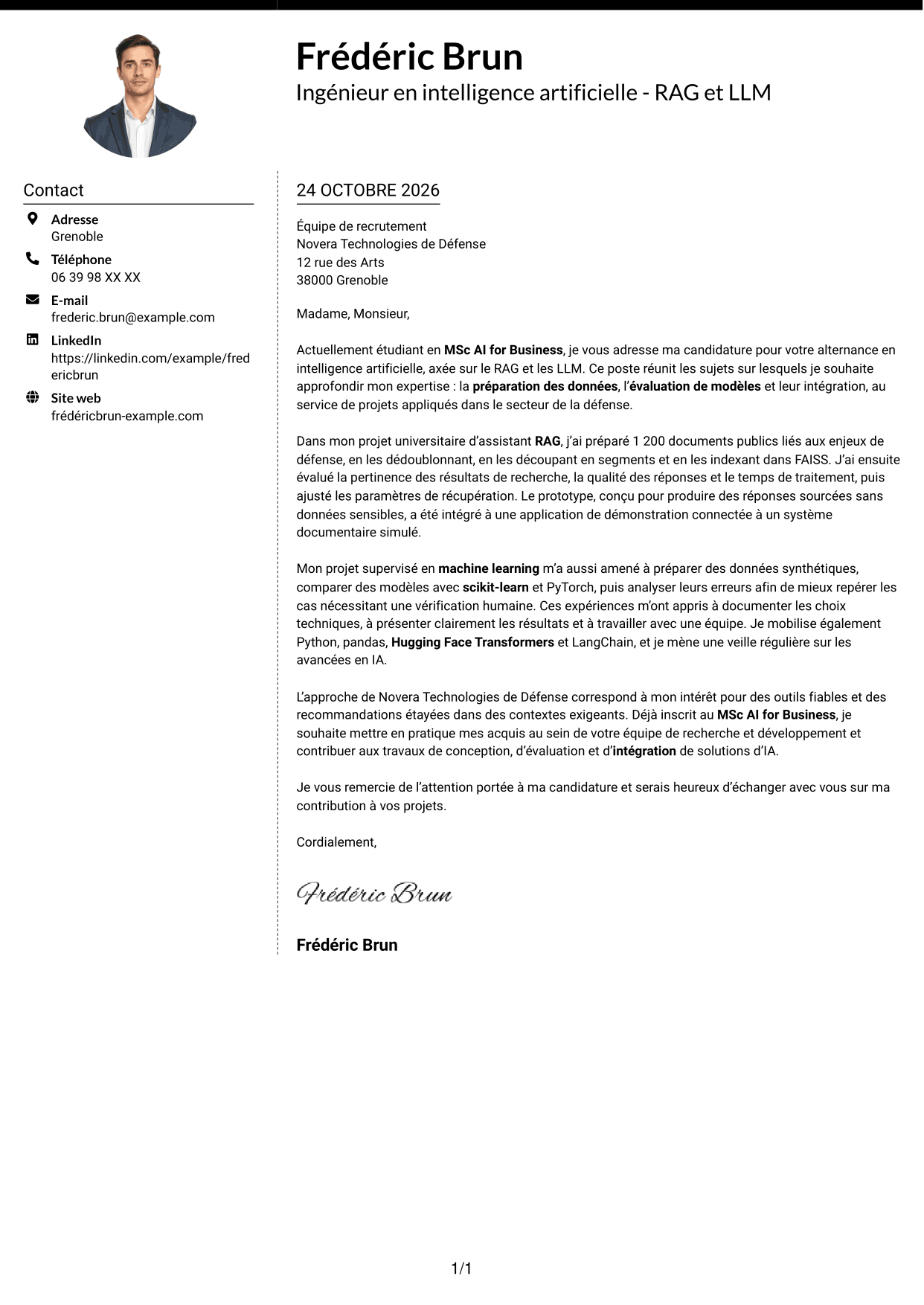 Lettre de motivation Moderne (format à deux colonnes avec photo à gauche et séparateur) : Ingénieur en intelligence artificielle - RAG et LLM, page 1