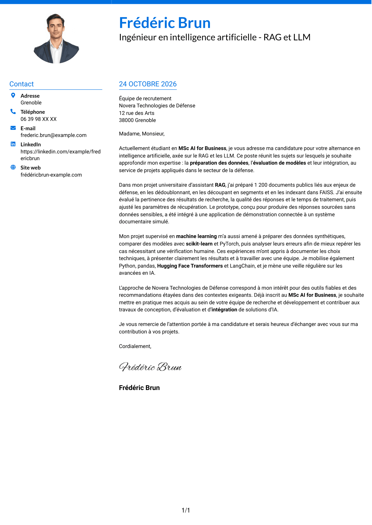 Lettre de motivation Audacieux (format à deux colonnes avec accents colorés et photo) : Ingénieur en intelligence artificielle - RAG et LLM, page 1