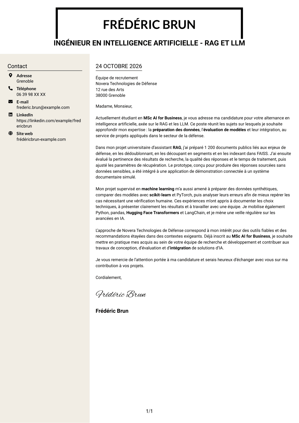 Lettre de motivation Fonceur (format à deux colonnes avec en-tête centré sans photo) : Ingénieur en intelligence artificielle - RAG et LLM, page 1
