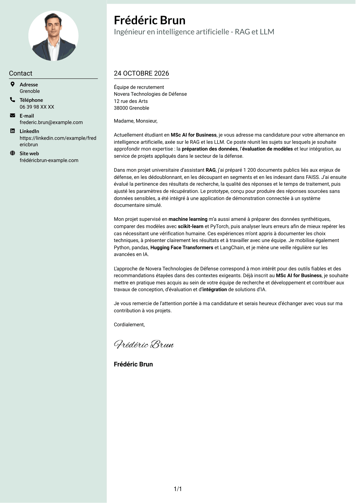Lettre de motivation Cadre (format à colonne latérale douce avec photo arrondie) : Ingénieur en intelligence artificielle - RAG et LLM, page 1