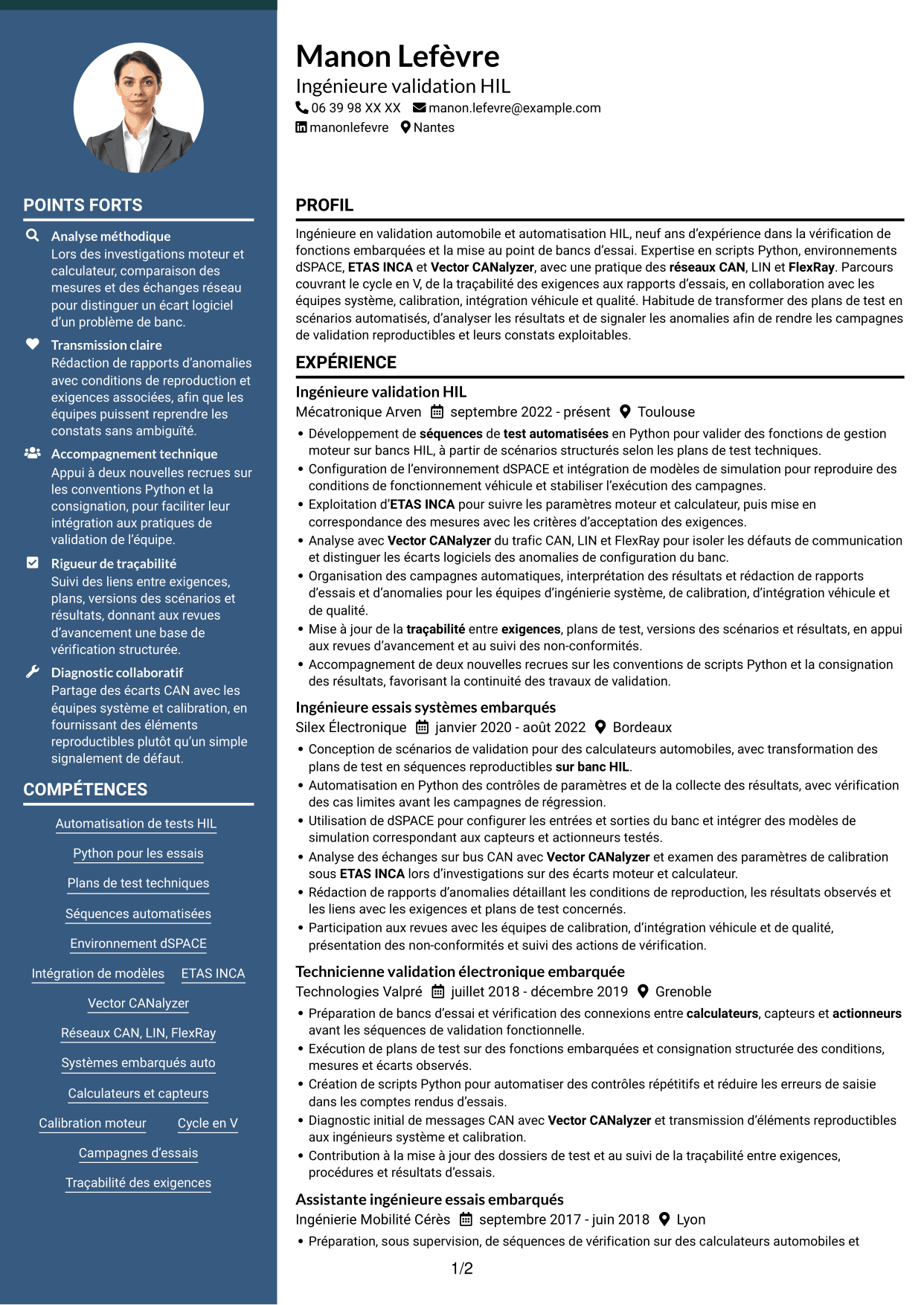CV Élégant (format à colonne latérale colorée avec photo) : Ingénieur essais et automatisation HIL Python, page 1