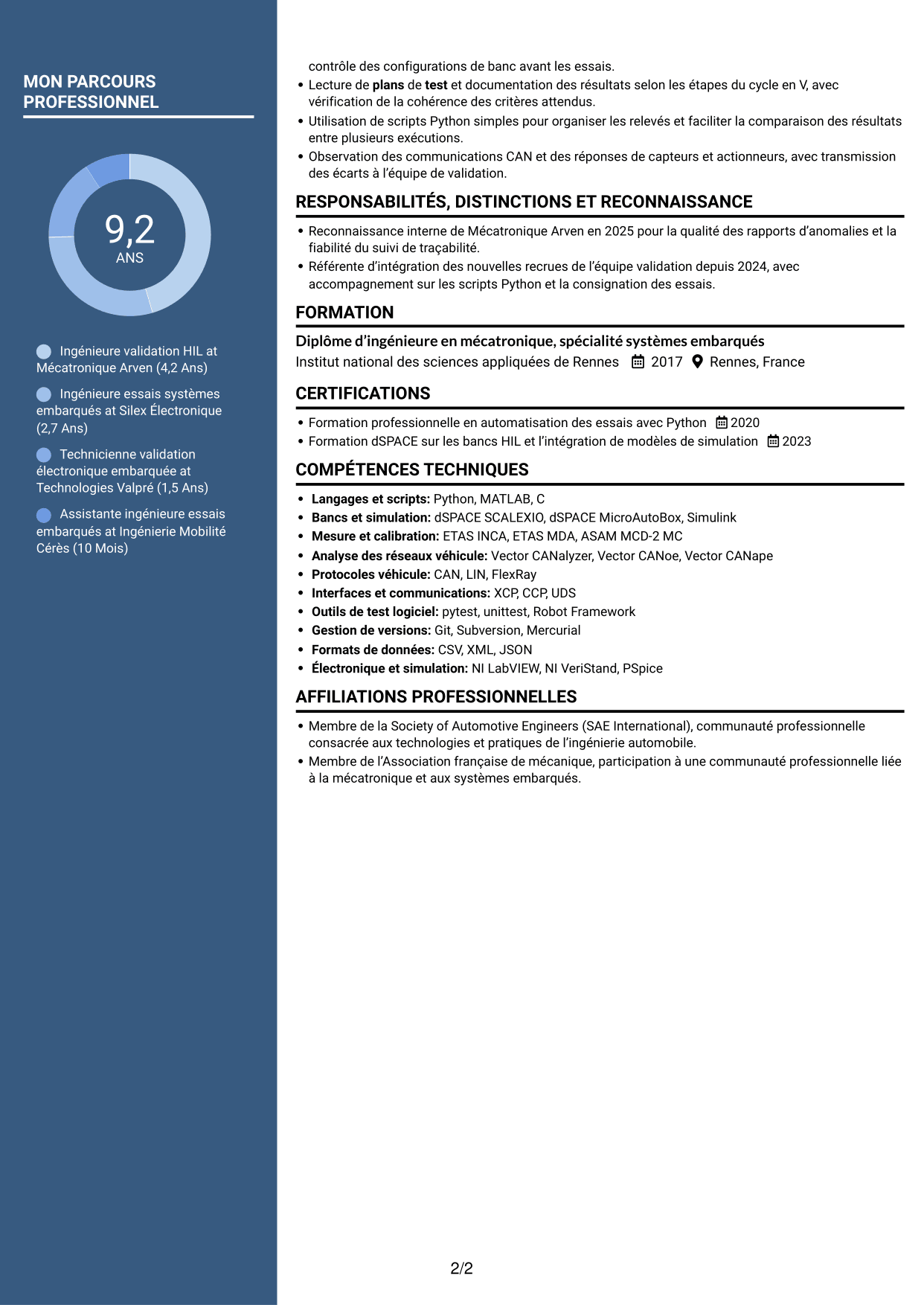 CV Élégant (format à colonne latérale colorée avec photo) : Ingénieur essais et automatisation HIL Python, page 2