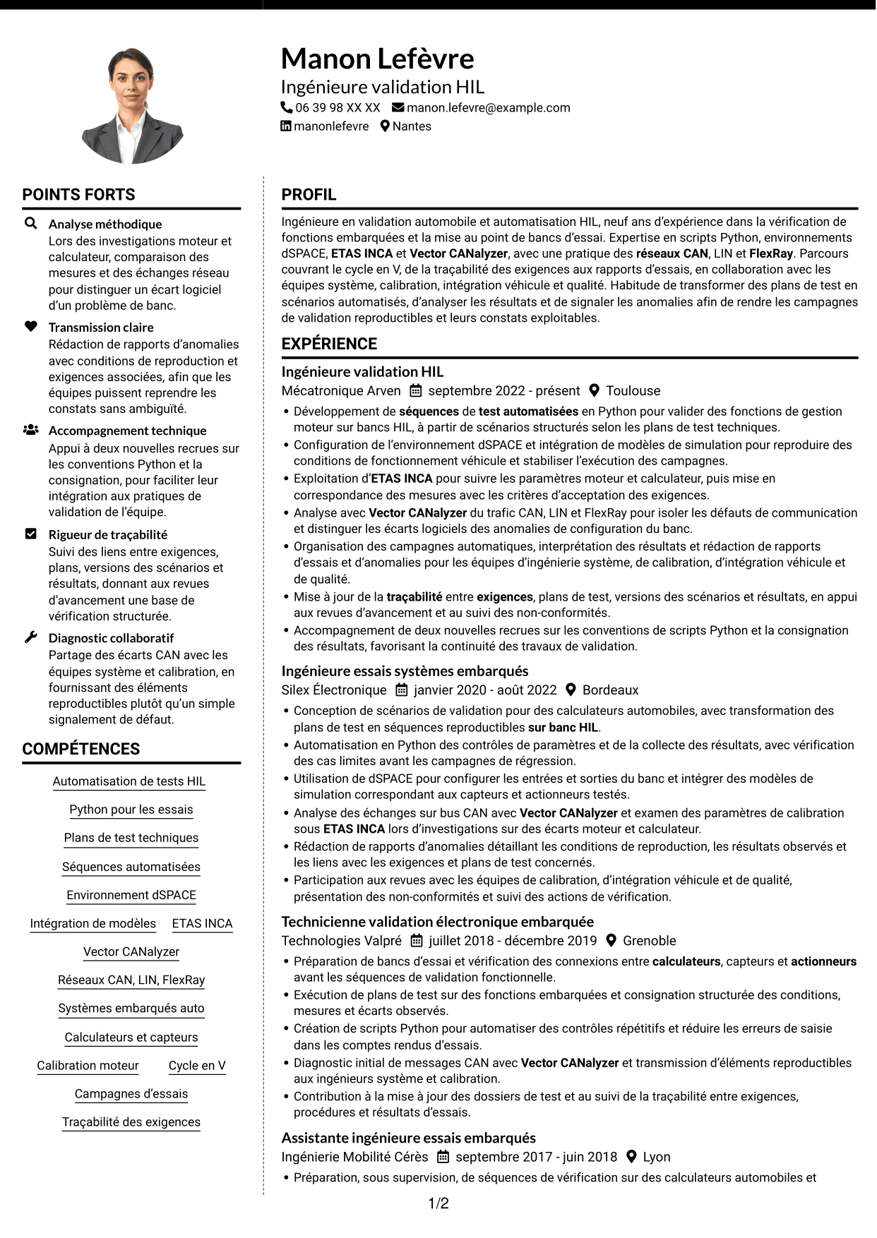 CV Moderne (format à deux colonnes avec photo à gauche et séparateur) : Ingénieur essais et automatisation HIL Python, page 1