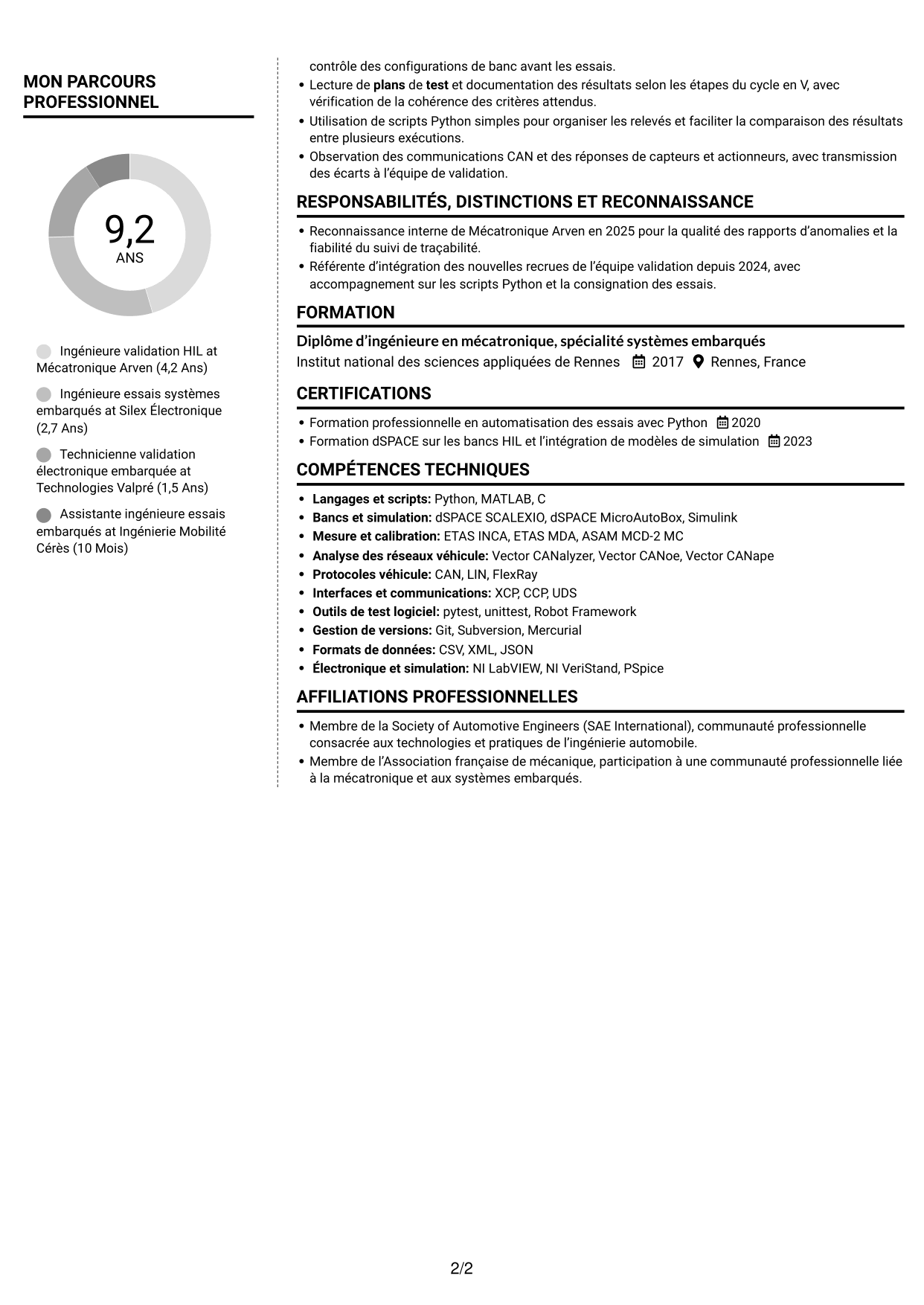 CV Moderne (format à deux colonnes avec photo à gauche et séparateur) : Ingénieur essais et automatisation HIL Python, page 2