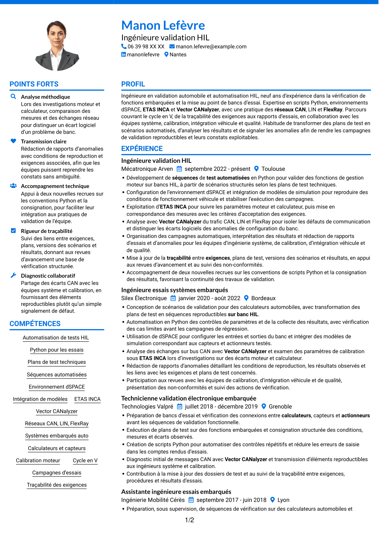 CV Audacieux (format à deux colonnes avec accents colorés et photo) : Ingénieur essais et automatisation HIL Python, page 1
