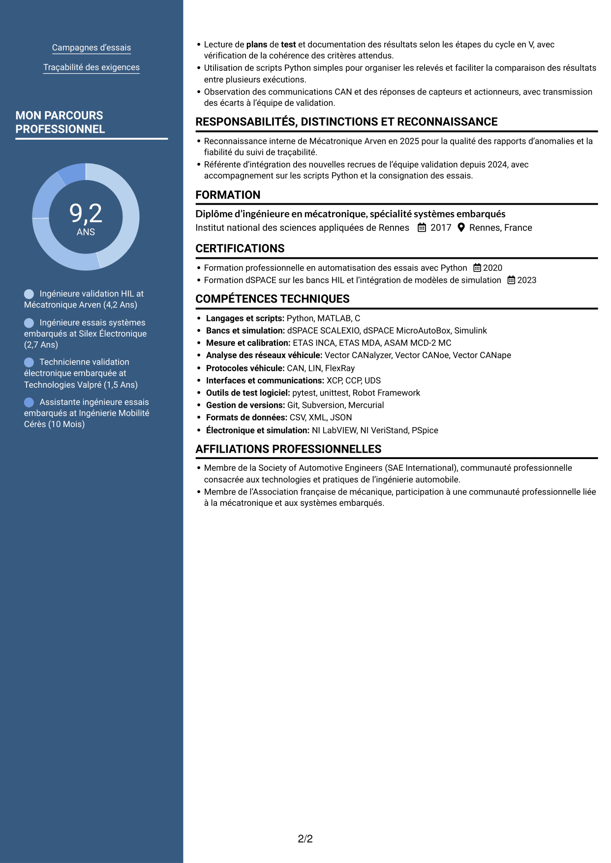 CV Signature (format à colonne latérale colorée avec grande photo) : Ingénieur essais et automatisation HIL Python, page 2