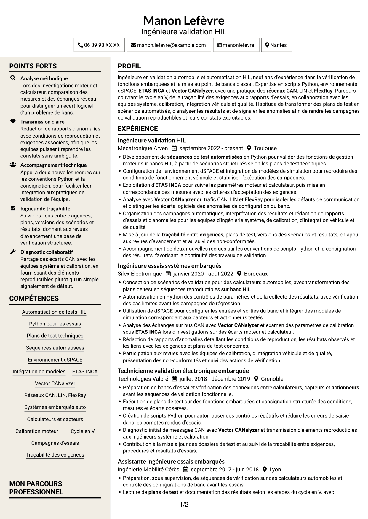 CV Fonceur (format à deux colonnes avec en-tête centré sans photo) : Ingénieur essais et automatisation HIL Python, page 1