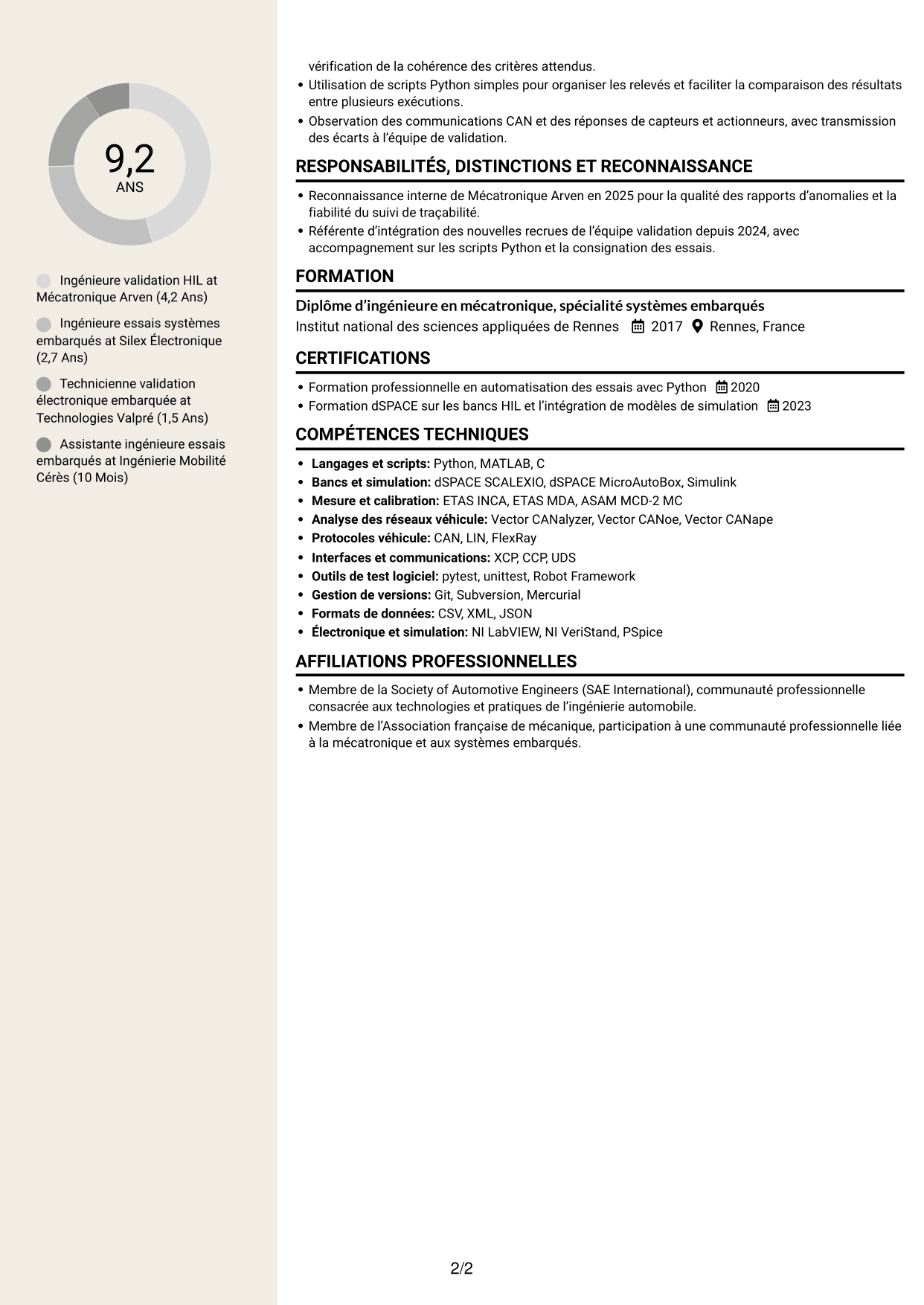 CV Fonceur (format à deux colonnes avec en-tête centré sans photo) : Ingénieur essais et automatisation HIL Python, page 2