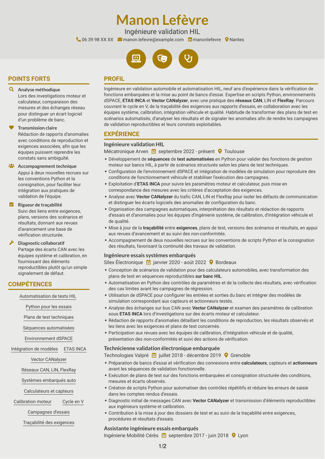CV Dynamique (format à deux colonnes avec icônes) : Ingénieur essais et automatisation HIL Python, page 1