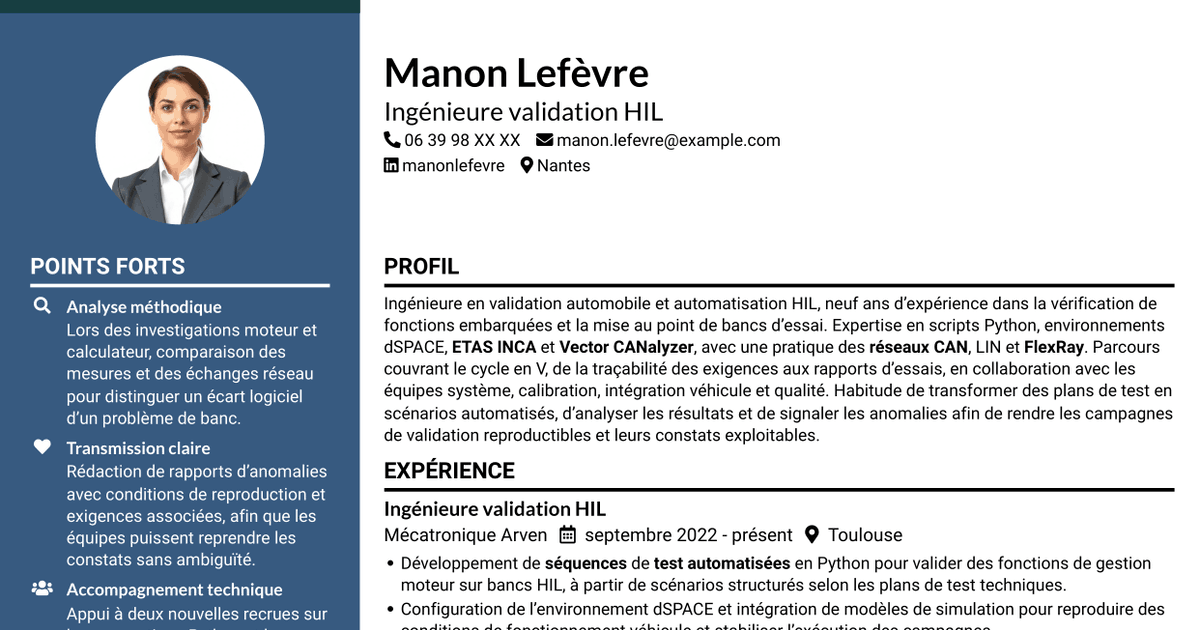 7 modèles de CV pour Ingénieur essais et automatisation HIL Python, avec exemples