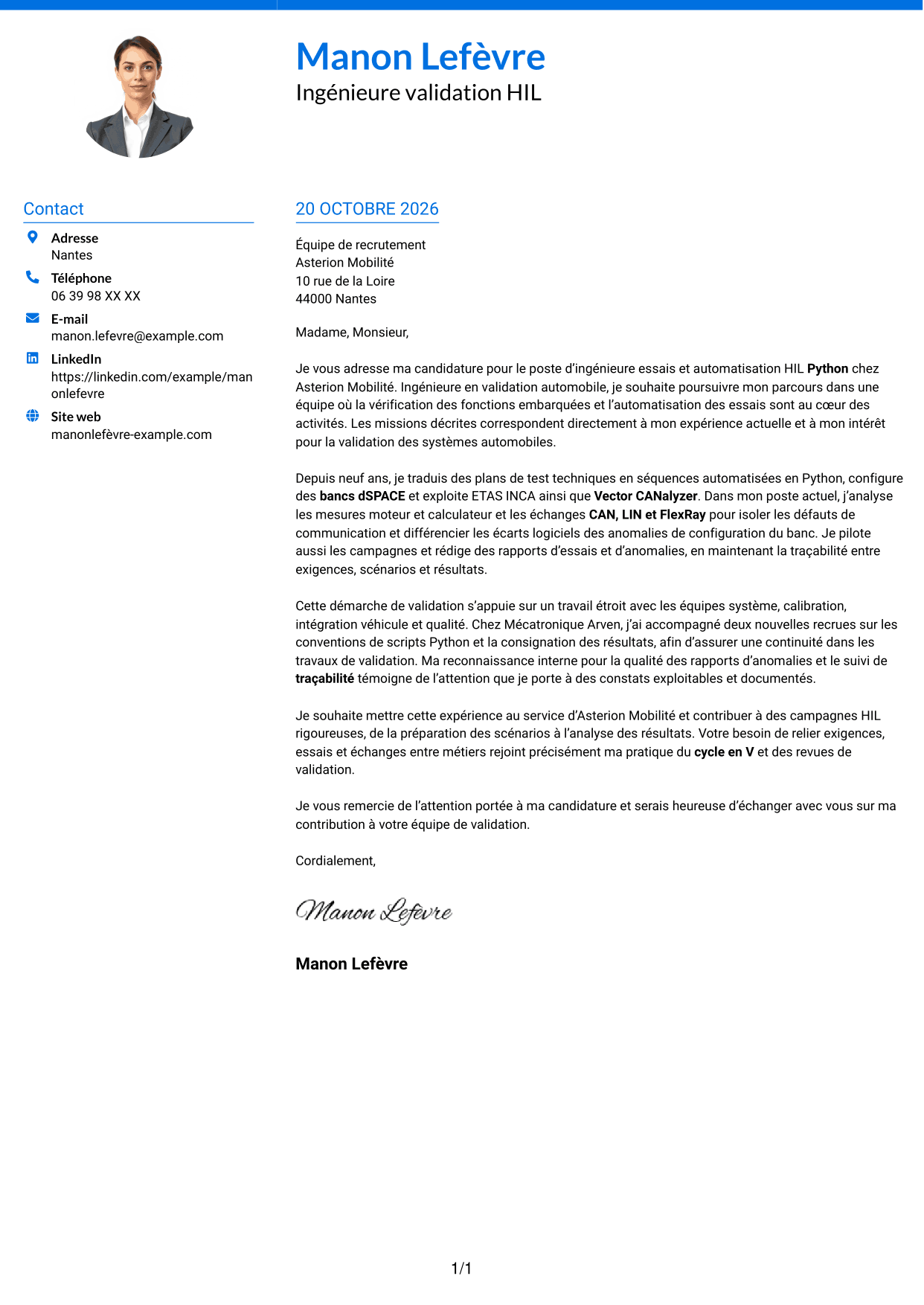Lettre de motivation Audacieux (format à deux colonnes avec accents colorés et photo) : Ingénieur essais et automatisation HIL Python, page 1