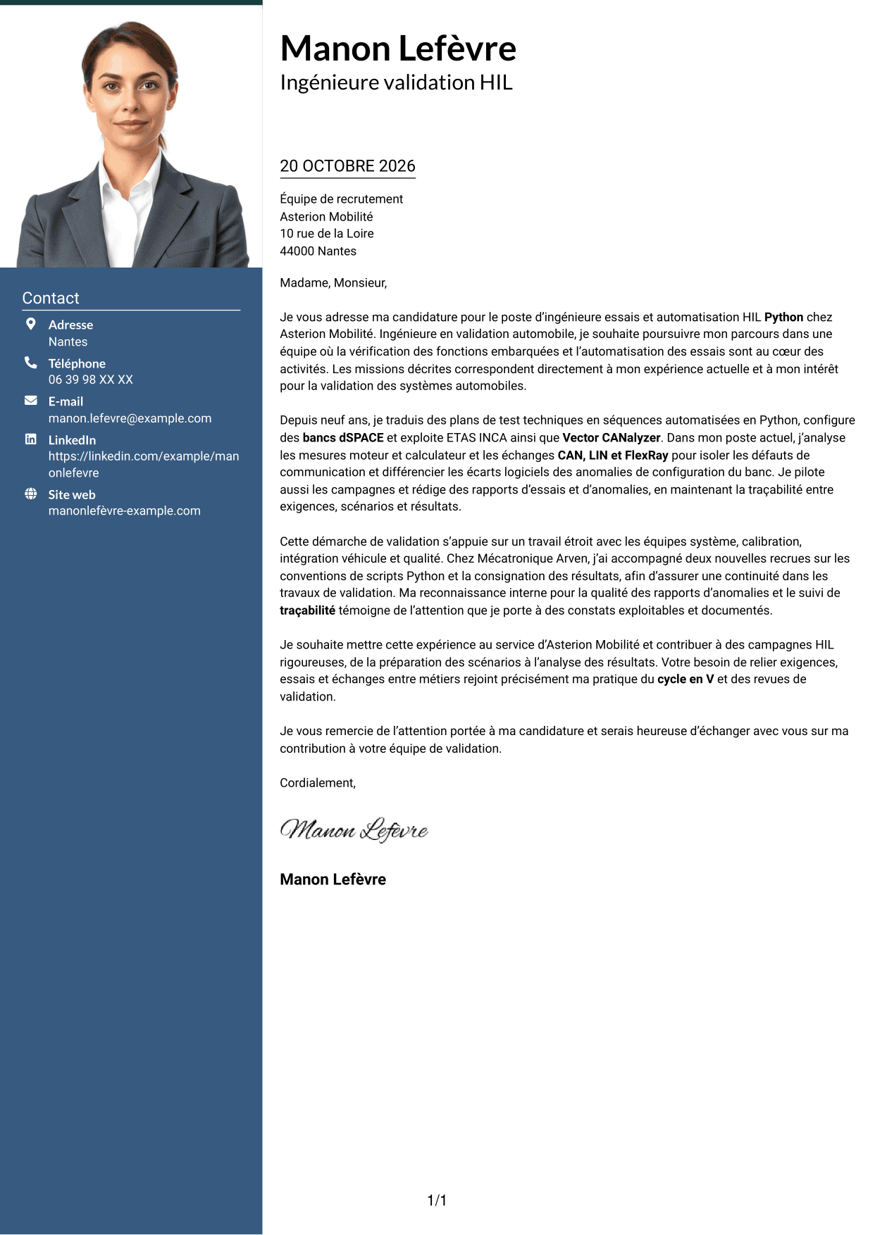 Lettre de motivation Signature (format à colonne latérale colorée avec grande photo) : Ingénieur essais et automatisation HIL Python, page 1