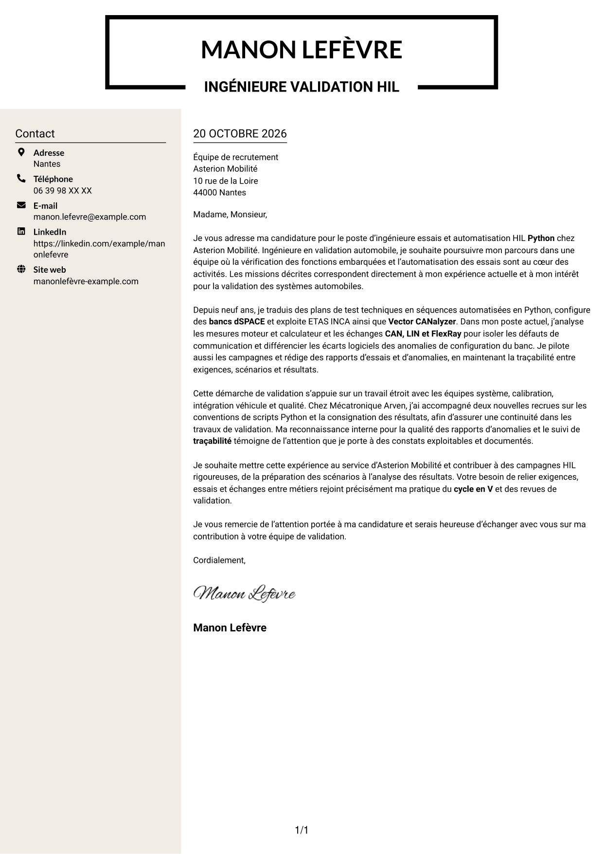 Lettre de motivation Fonceur (format à deux colonnes avec en-tête centré sans photo) : Ingénieur essais et automatisation HIL Python, page 1