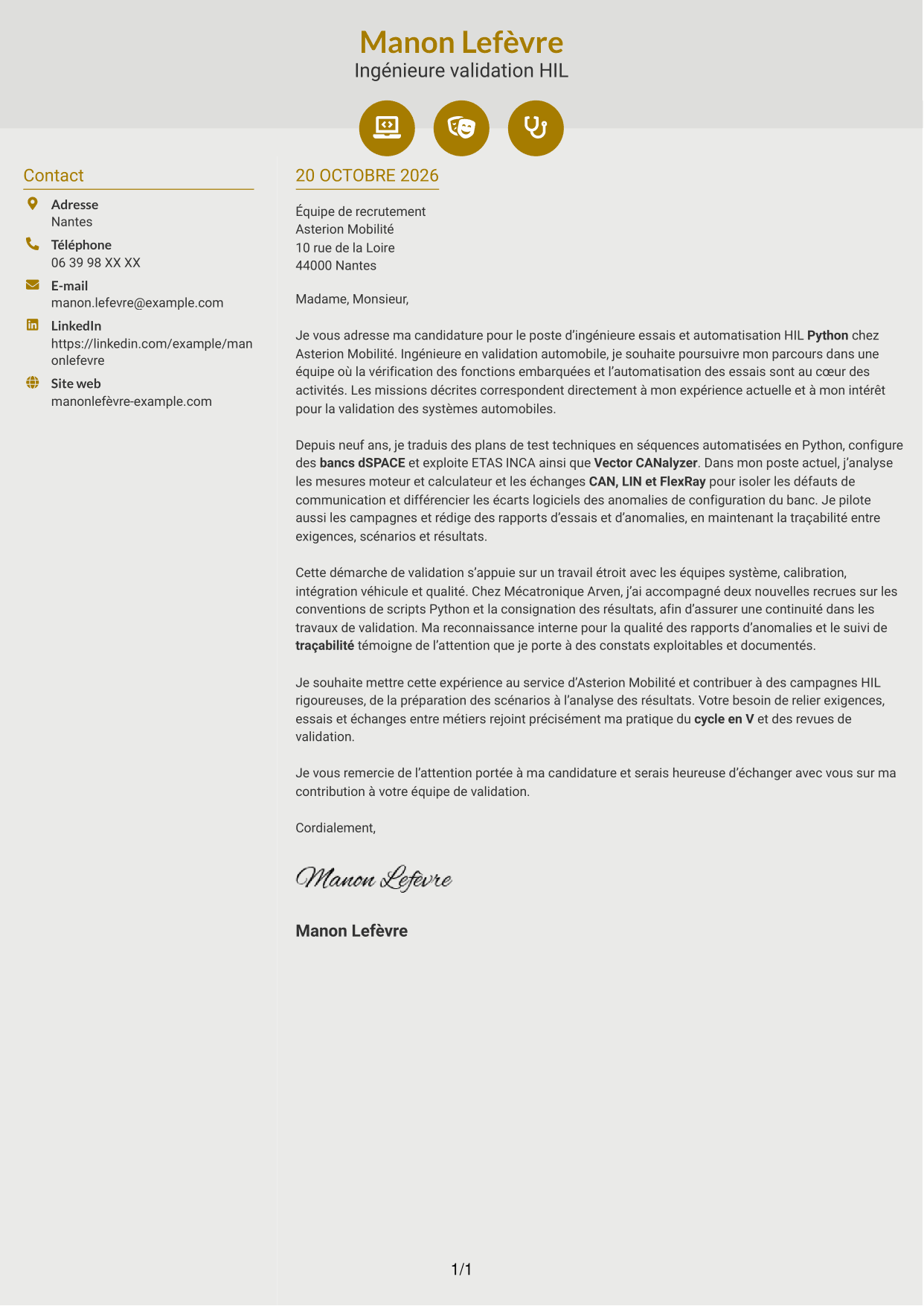 Lettre de motivation Dynamique (format à deux colonnes avec icônes) : Ingénieur essais et automatisation HIL Python, page 1