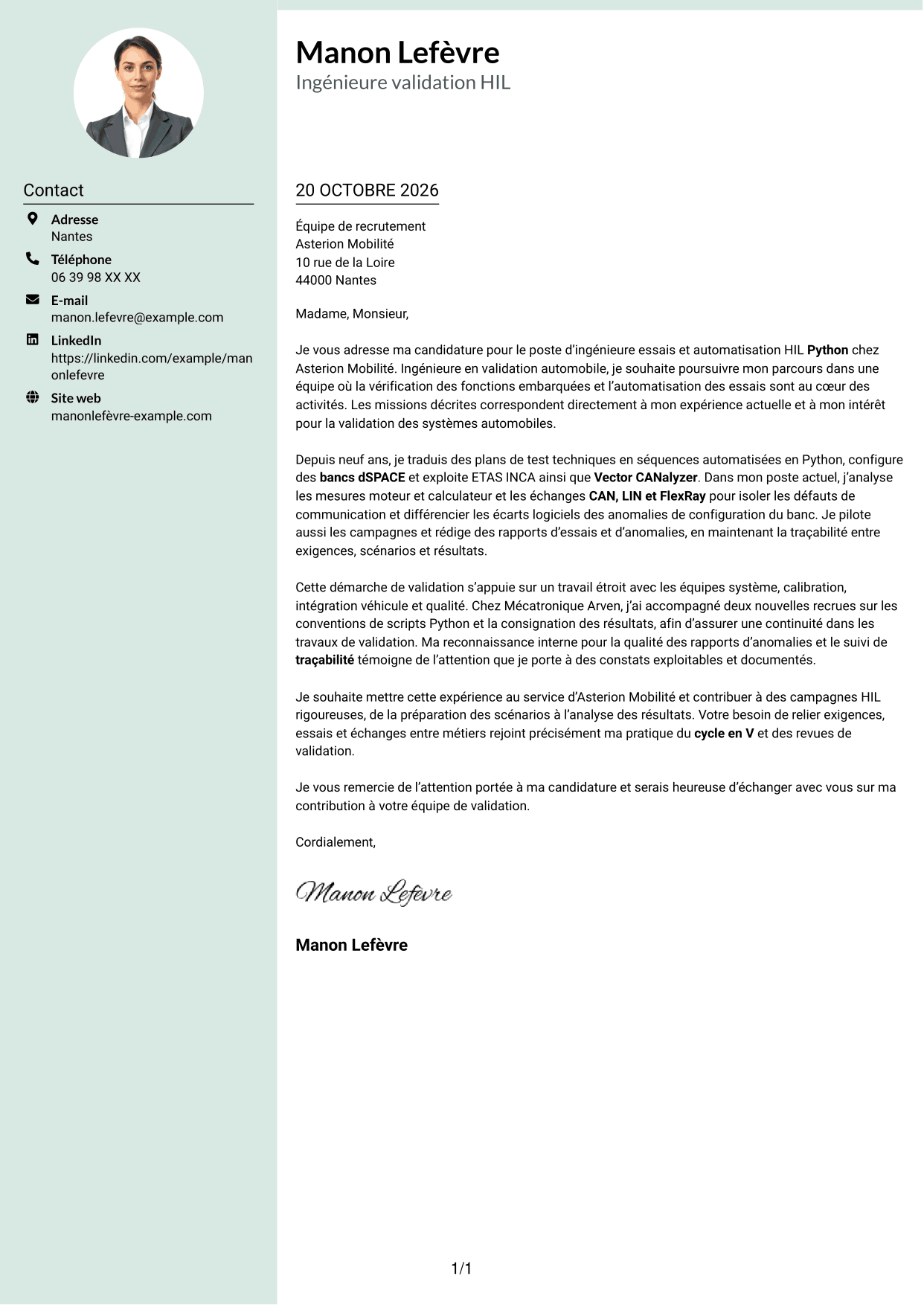 Lettre de motivation Cadre (format à colonne latérale douce avec photo arrondie) : Ingénieur essais et automatisation HIL Python, page 1