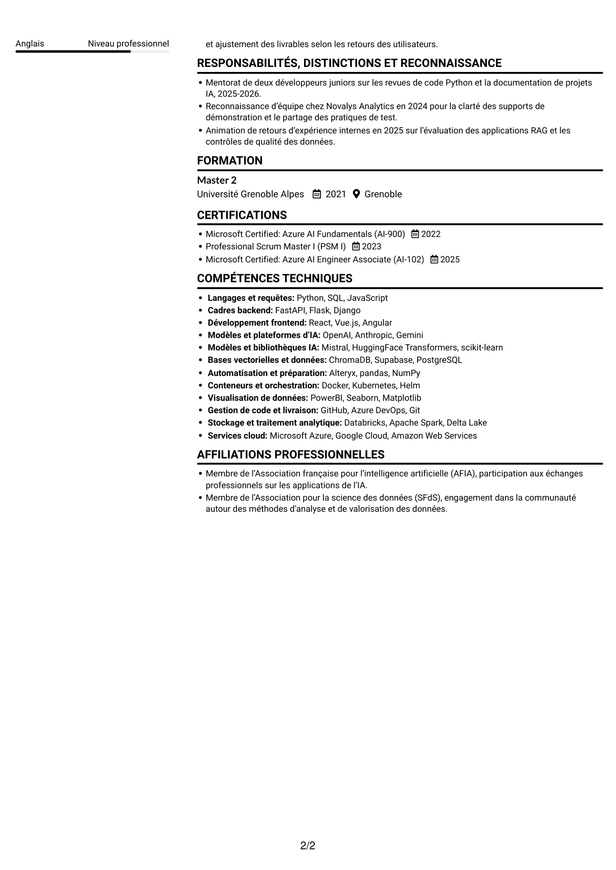 CV Compact (format sobre à deux colonnes avec photo) : Ingénieur Full Stack IA Junior - Audit, page 2