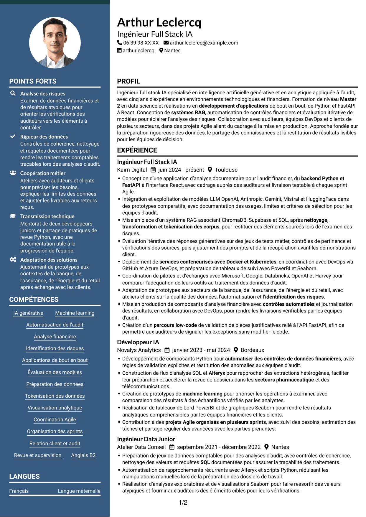 CV Élégant (format à colonne latérale colorée avec photo) : Ingénieur Full Stack IA Junior - Audit, page 1