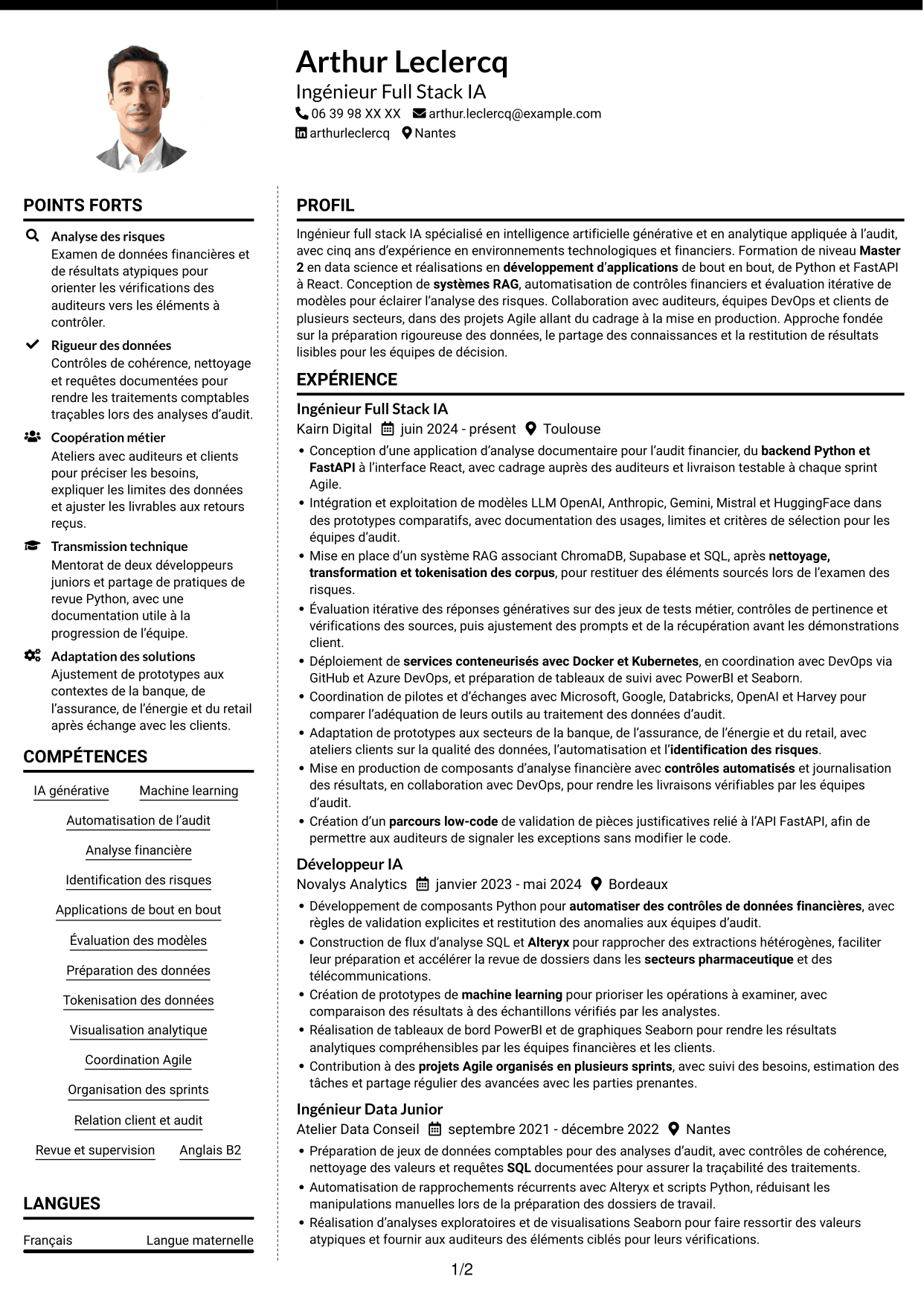 CV Moderne (format à deux colonnes avec photo à gauche et séparateur) : Ingénieur Full Stack IA Junior - Audit, page 1