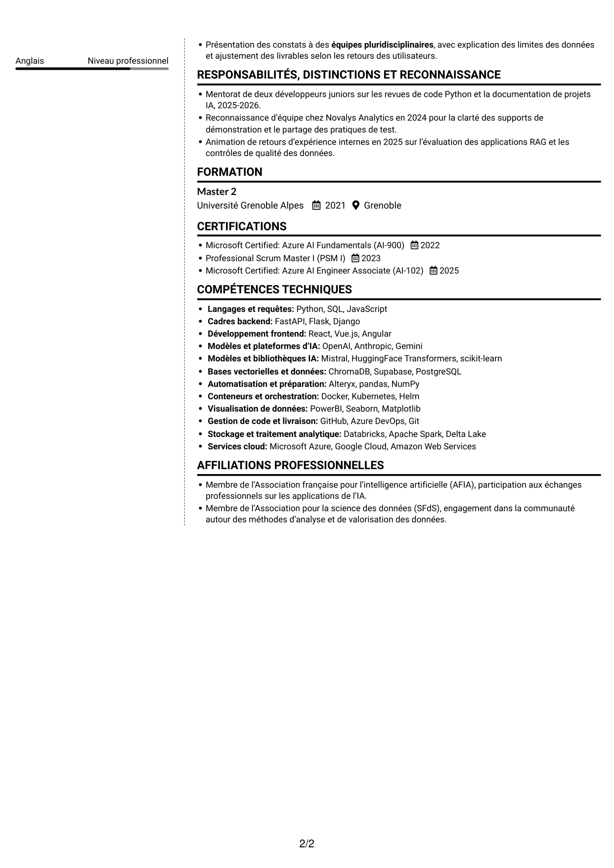 CV Moderne (format à deux colonnes avec photo à gauche et séparateur) : Ingénieur Full Stack IA Junior - Audit, page 2