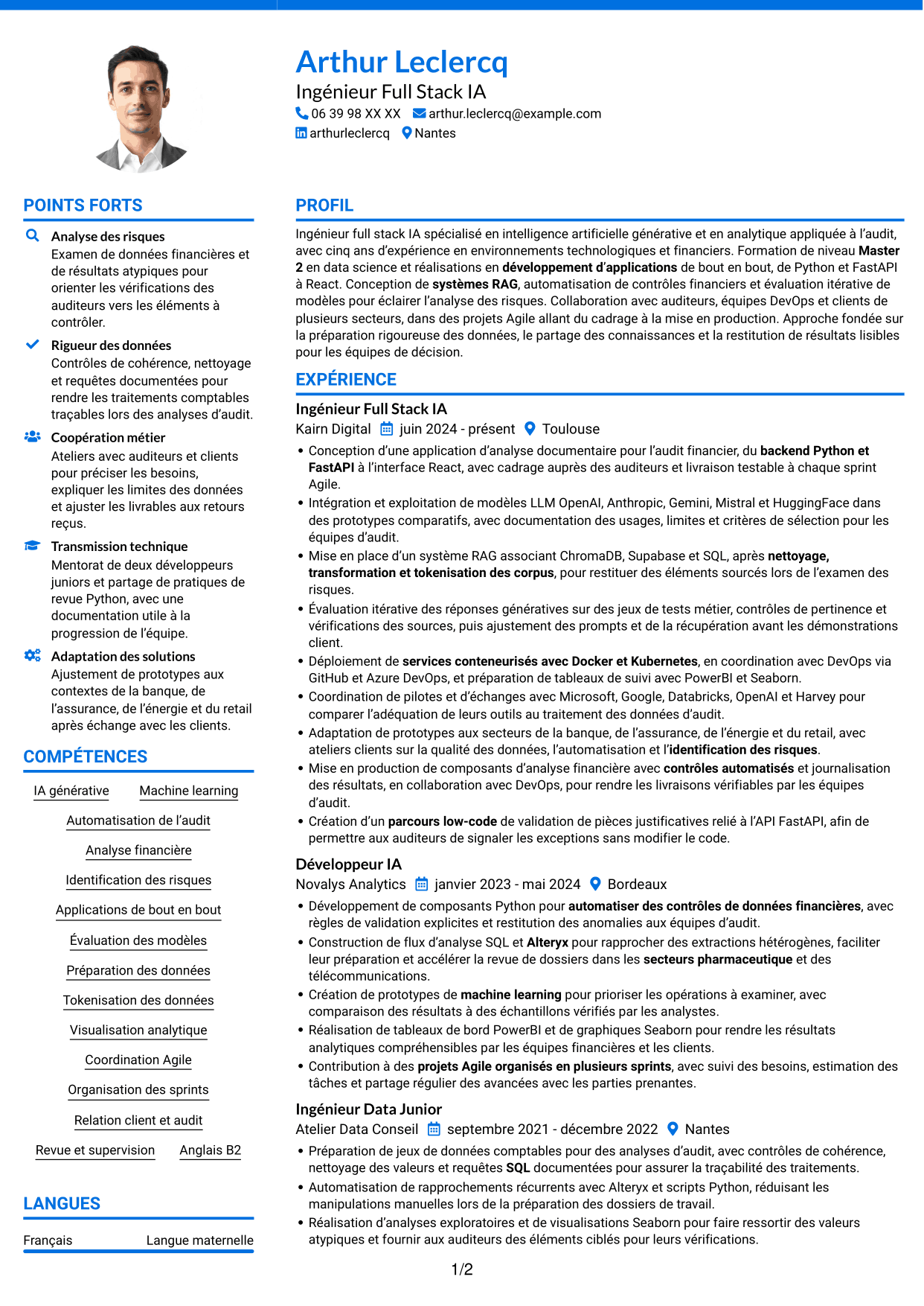CV Audacieux (format à deux colonnes avec accents colorés et photo) : Ingénieur Full Stack IA Junior - Audit, page 1