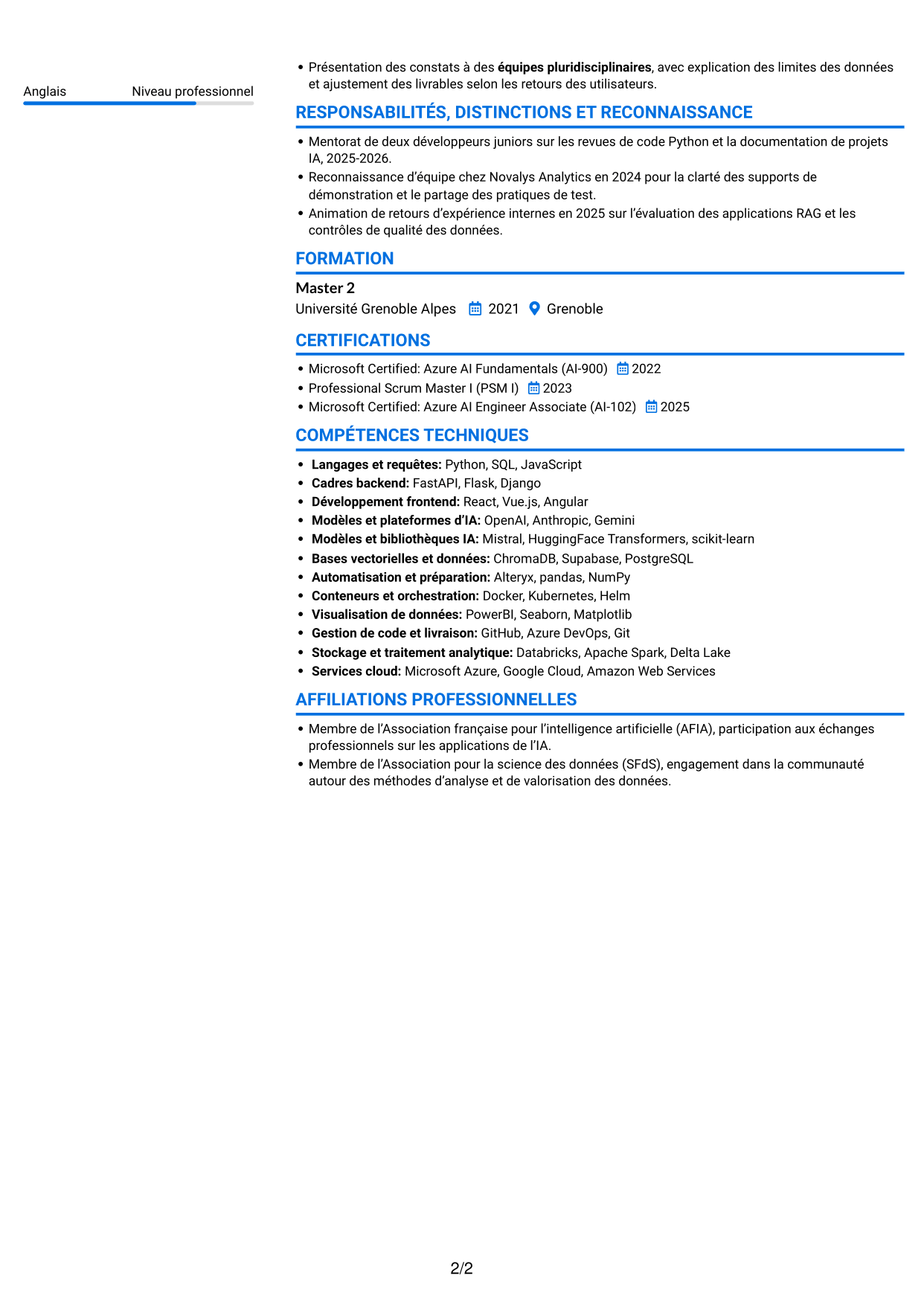 CV Audacieux (format à deux colonnes avec accents colorés et photo) : Ingénieur Full Stack IA Junior - Audit, page 2