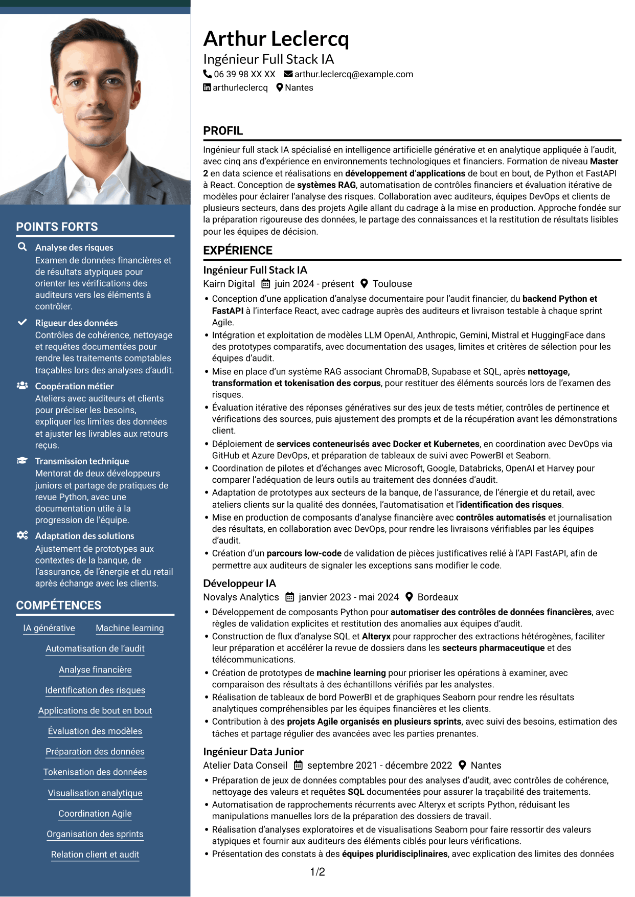CV Signature (format à colonne latérale colorée avec grande photo) : Ingénieur Full Stack IA Junior - Audit, page 1