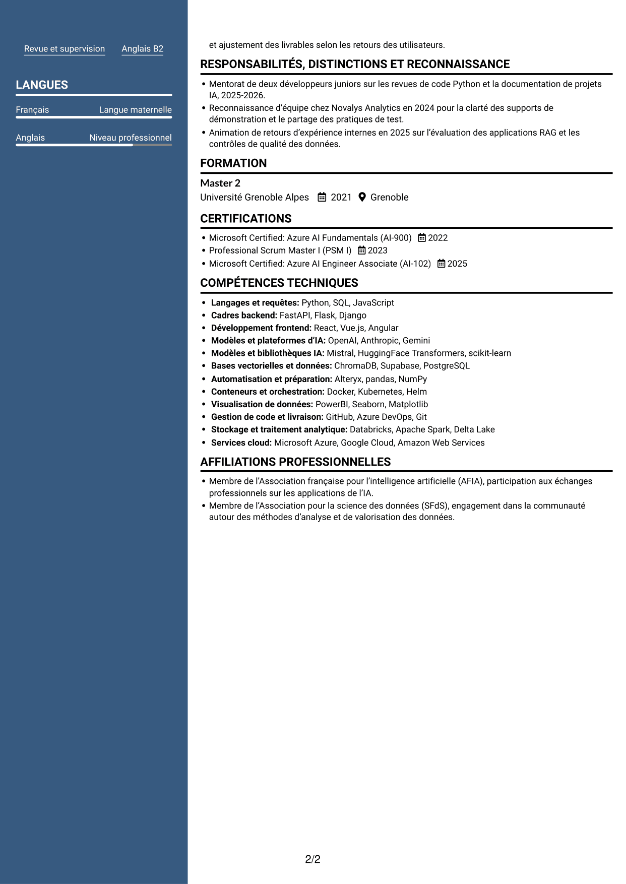 CV Signature (format à colonne latérale colorée avec grande photo) : Ingénieur Full Stack IA Junior - Audit, page 2