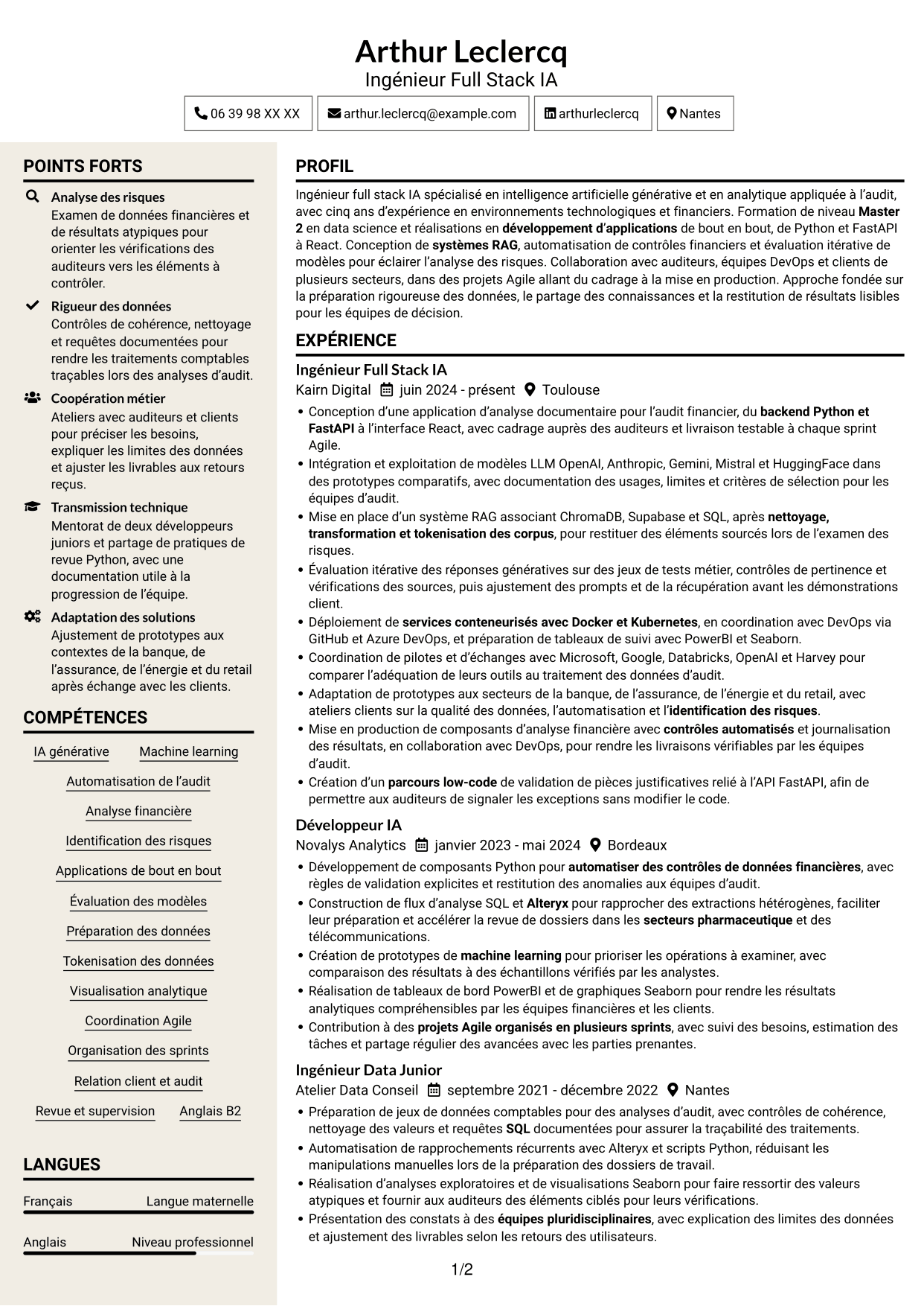 CV Fonceur (format à deux colonnes avec en-tête centré sans photo) : Ingénieur Full Stack IA Junior - Audit, page 1