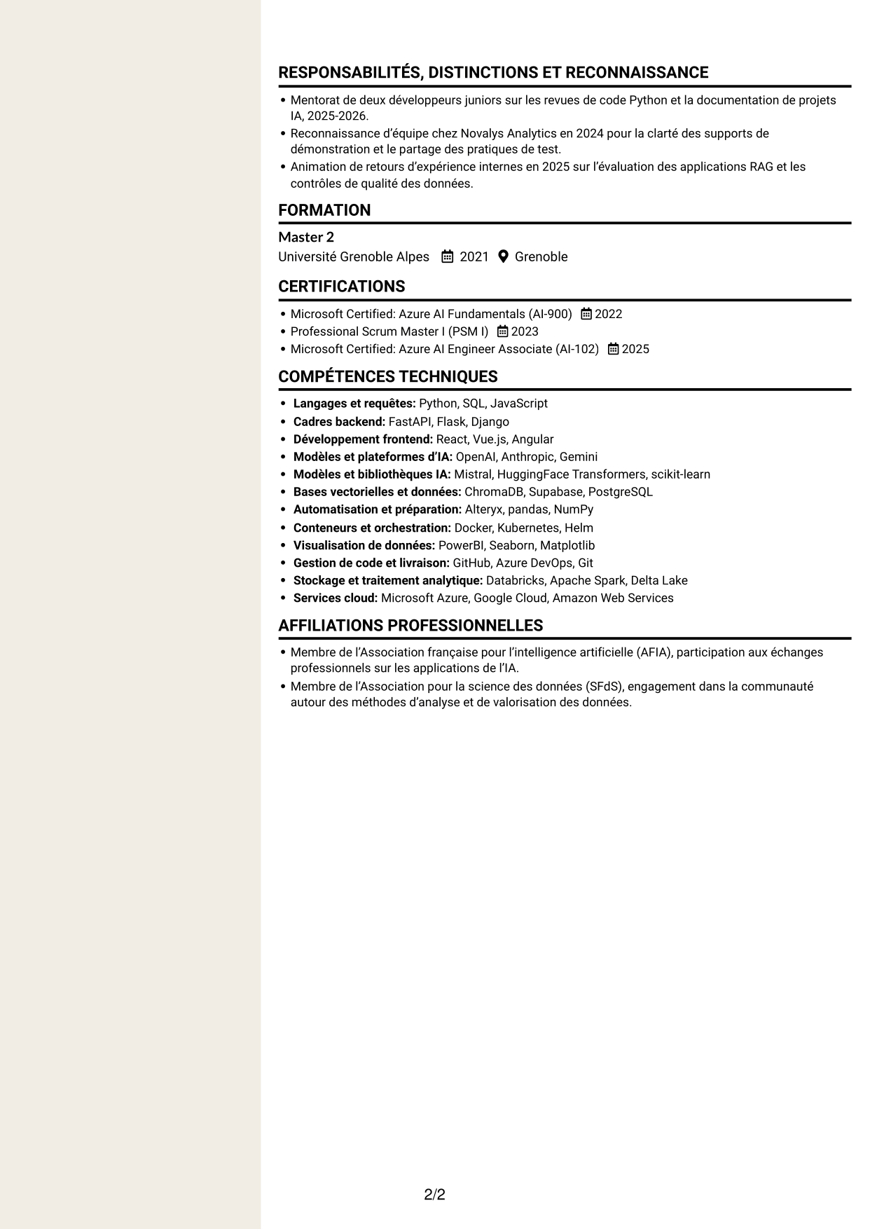 CV Fonceur (format à deux colonnes avec en-tête centré sans photo) : Ingénieur Full Stack IA Junior - Audit, page 2