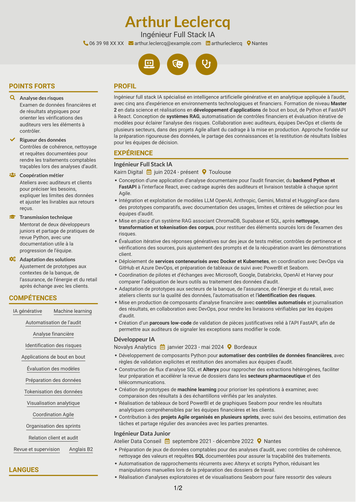 CV Dynamique (format à deux colonnes avec icônes) : Ingénieur Full Stack IA Junior - Audit, page 1