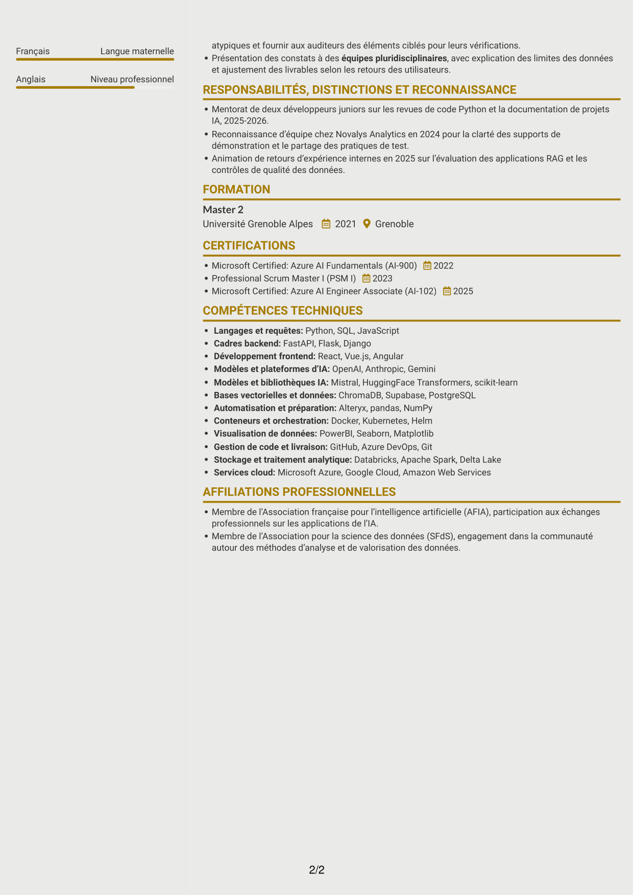 CV Dynamique (format à deux colonnes avec icônes) : Ingénieur Full Stack IA Junior - Audit, page 2