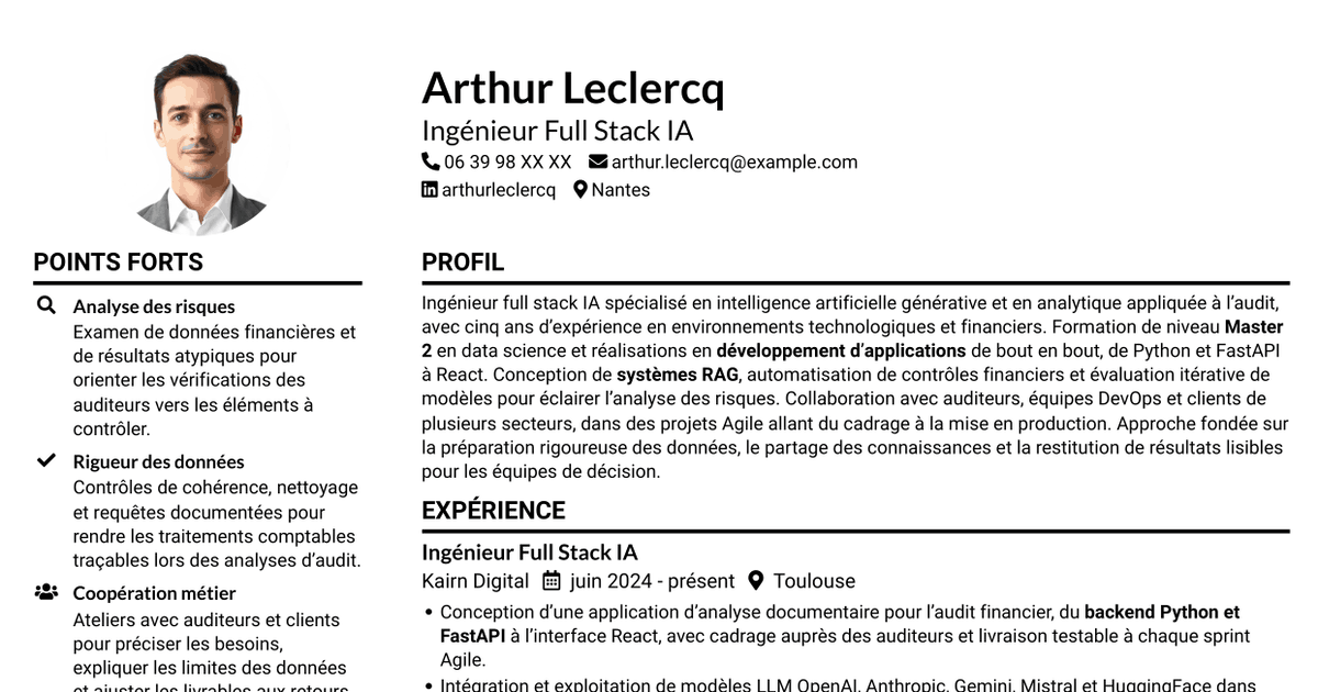 7 modèles de CV pour Ingénieur Full Stack IA Junior - Audit, avec exemples
