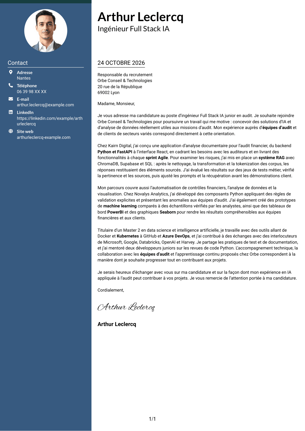 Lettre de motivation Élégant (format à colonne latérale colorée avec photo) : Ingénieur Full Stack IA Junior - Audit, page 1