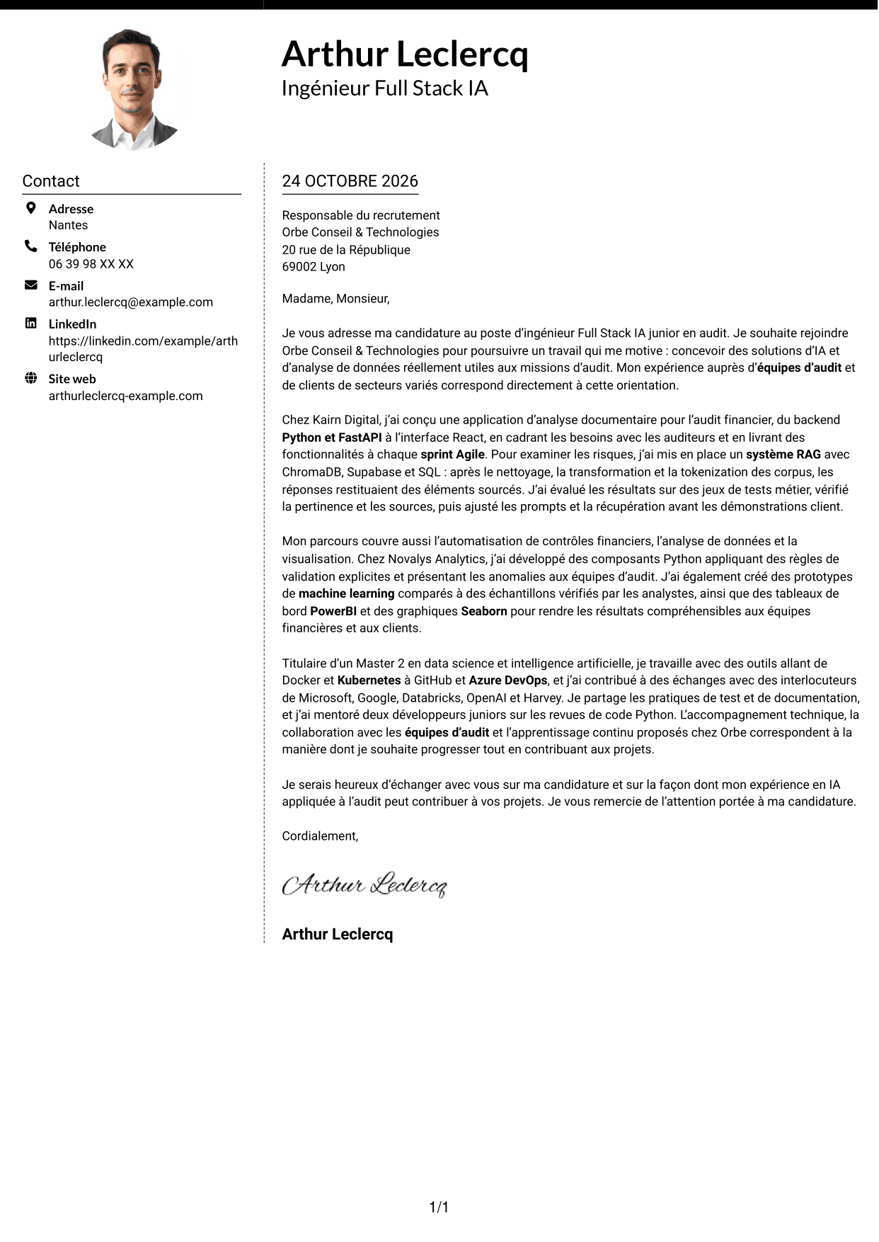Lettre de motivation Moderne (format à deux colonnes avec photo à gauche et séparateur) : Ingénieur Full Stack IA Junior - Audit, page 1