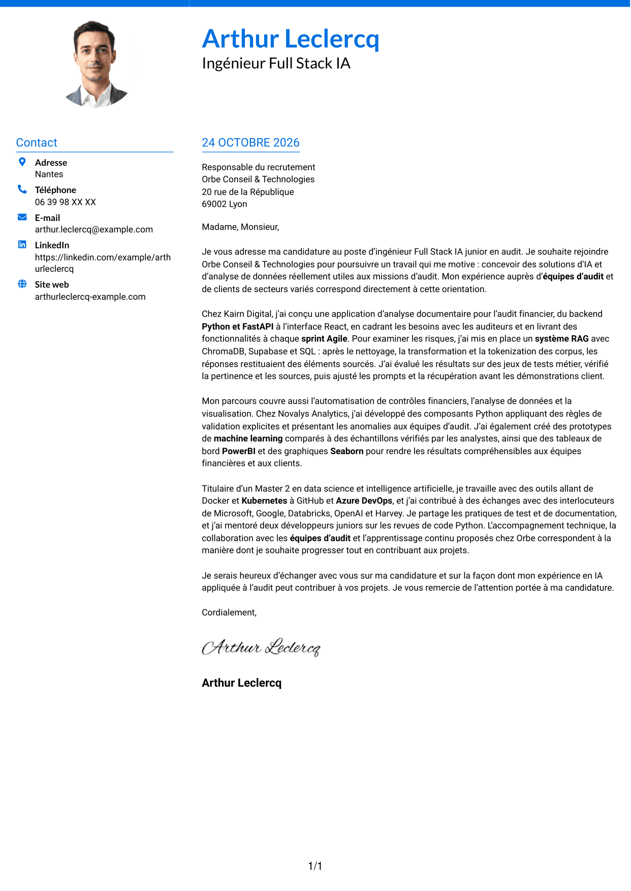 Lettre de motivation Audacieux (format à deux colonnes avec accents colorés et photo) : Ingénieur Full Stack IA Junior - Audit, page 1