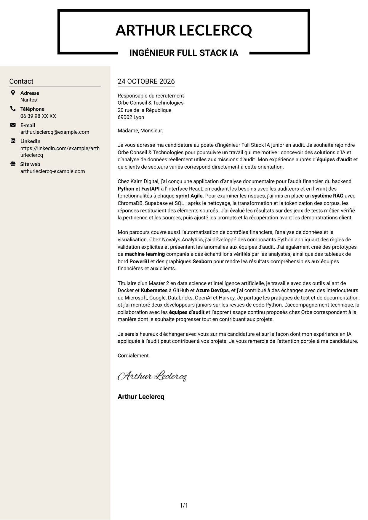 Lettre de motivation Fonceur (format à deux colonnes avec en-tête centré sans photo) : Ingénieur Full Stack IA Junior - Audit, page 1
