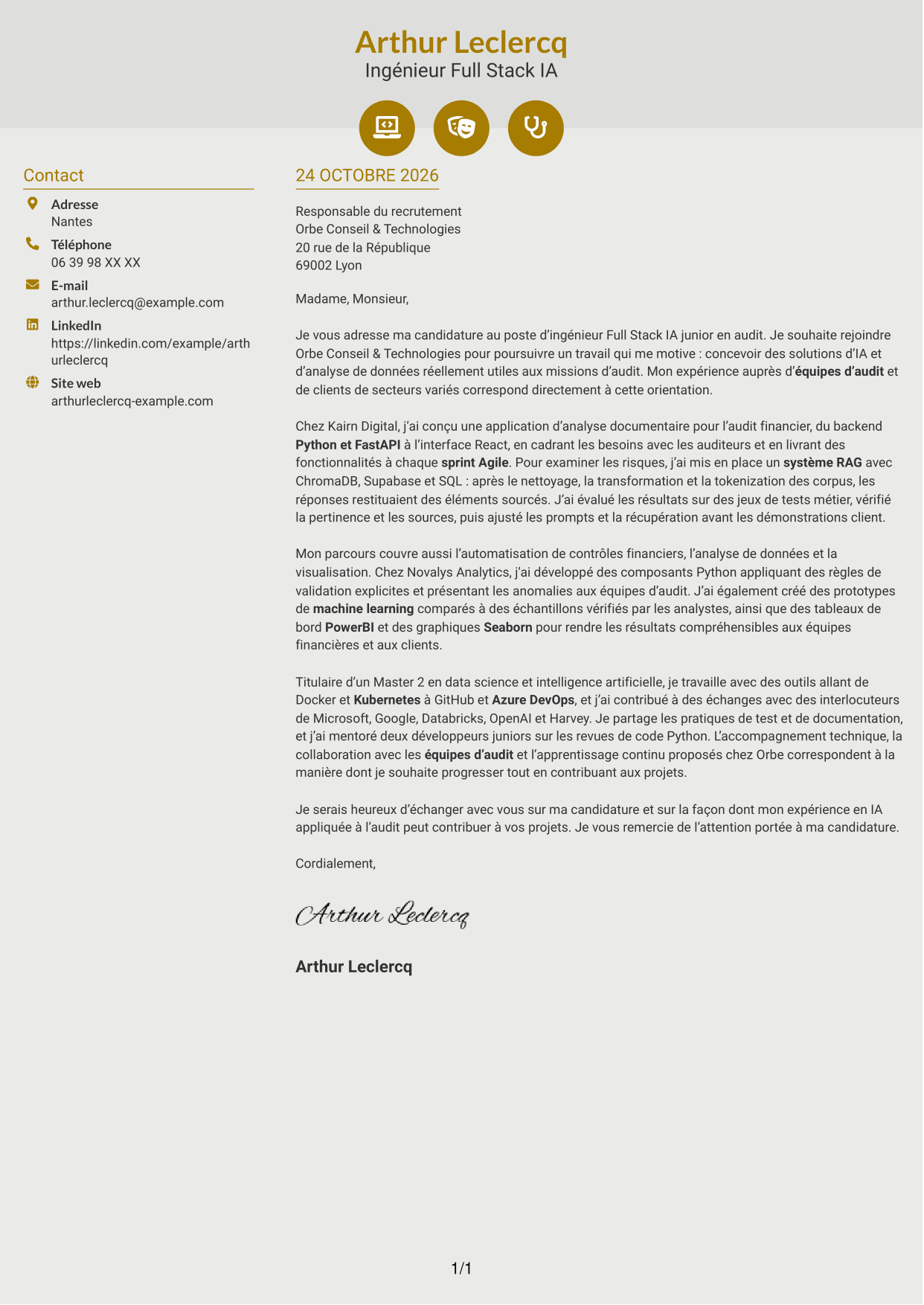 Lettre de motivation Dynamique (format à deux colonnes avec icônes) : Ingénieur Full Stack IA Junior - Audit, page 1
